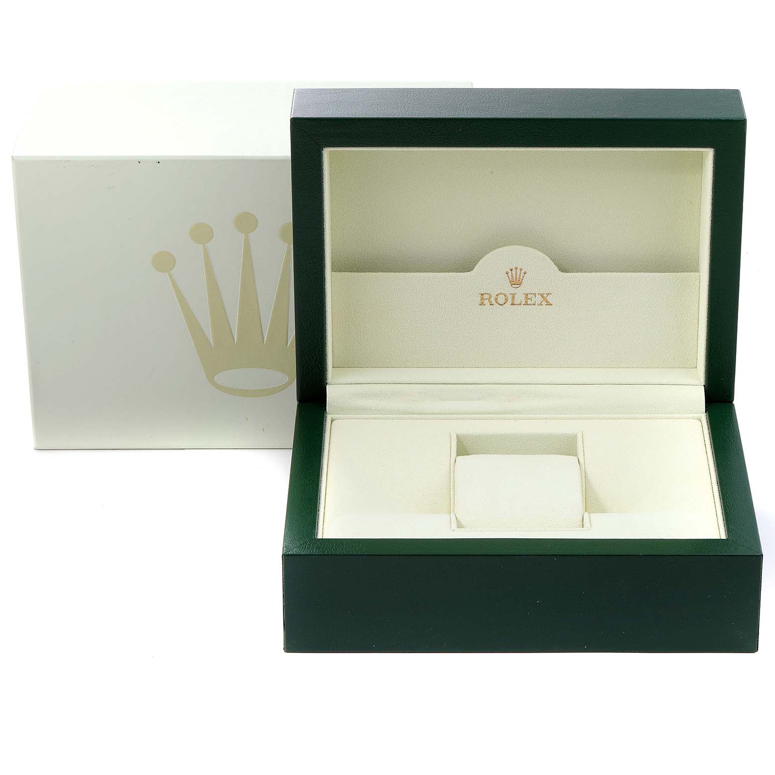 This image shows an open green box for a Rolex Submariner 16610 Men
s Stainless Steel Black Dial 16610 Men
s Stainless Steel Black Dial watch with a white interior and the Rolex logo.