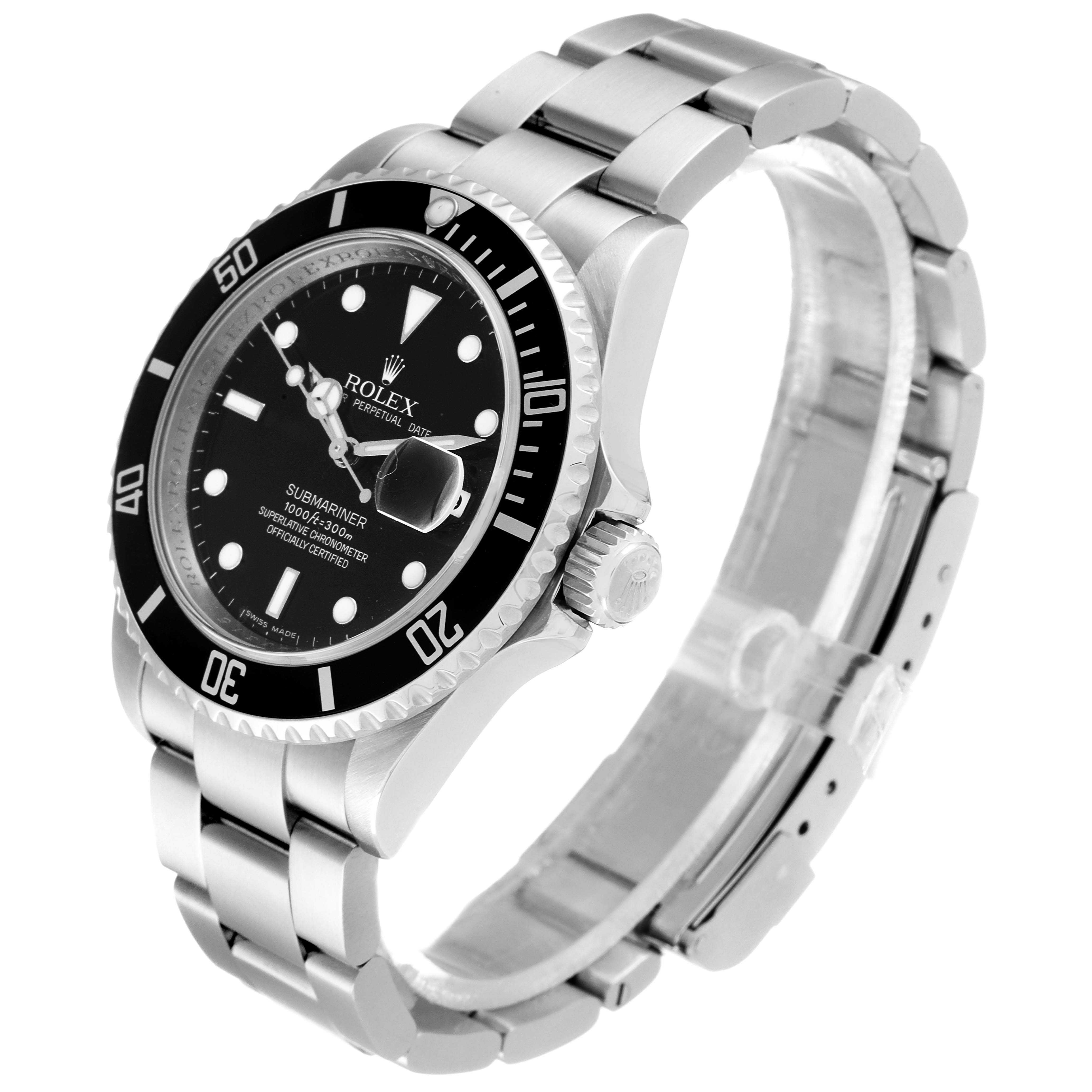 The image shows a Rolex Submariner 16610 Men
s Stainless Steel Black Dial 16610 Men
s Stainless Steel Black Dial watch at a three-quarter angle, highlighting the dial, bezel, crown, and bracelet.