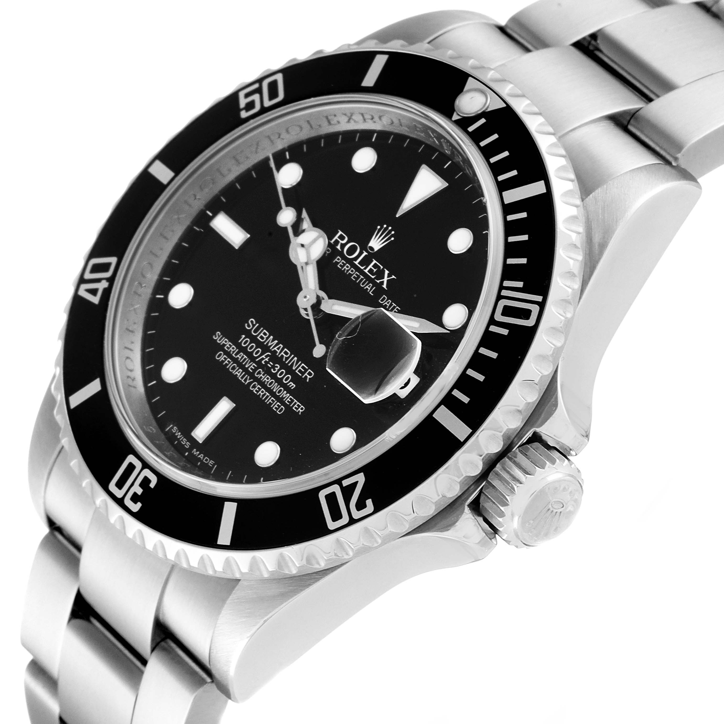 The Rolex Submariner 16610 Men
s Stainless Steel Black Dial 16610 Men
s Stainless Steel Black Dial watch is shown at an angled close-up, displaying the dial, bezel, bracelet, and crown.