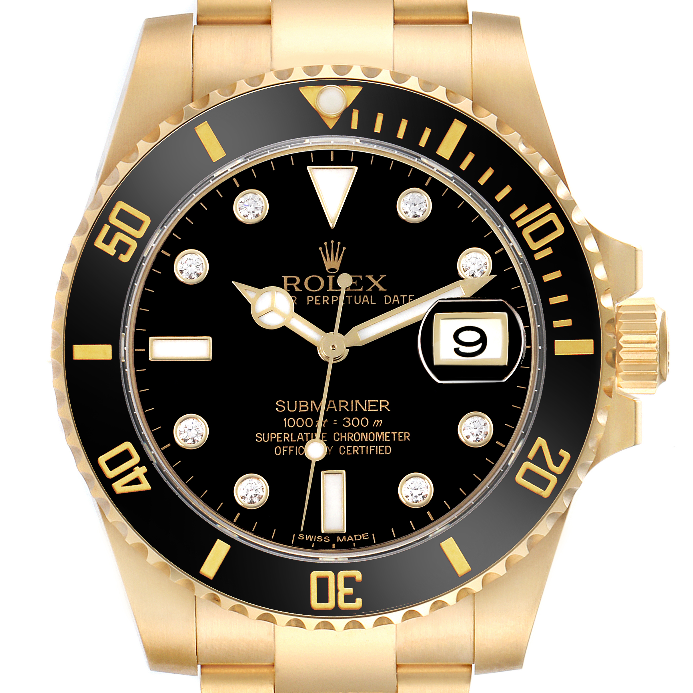 This image shows a front view of a Rolex Submariner 116618 Men's Yellow Gold Black Dial 116618 Men's Yellow Gold Black Dial showcasing its dial, bezel, and part of the bracelet.