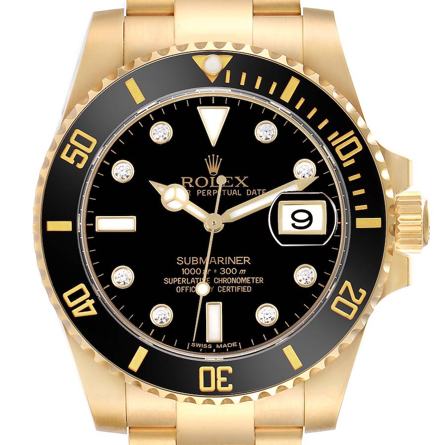 This image shows a front view of a Rolex Submariner showcasing its dial, bezel, and part of the bracelet.