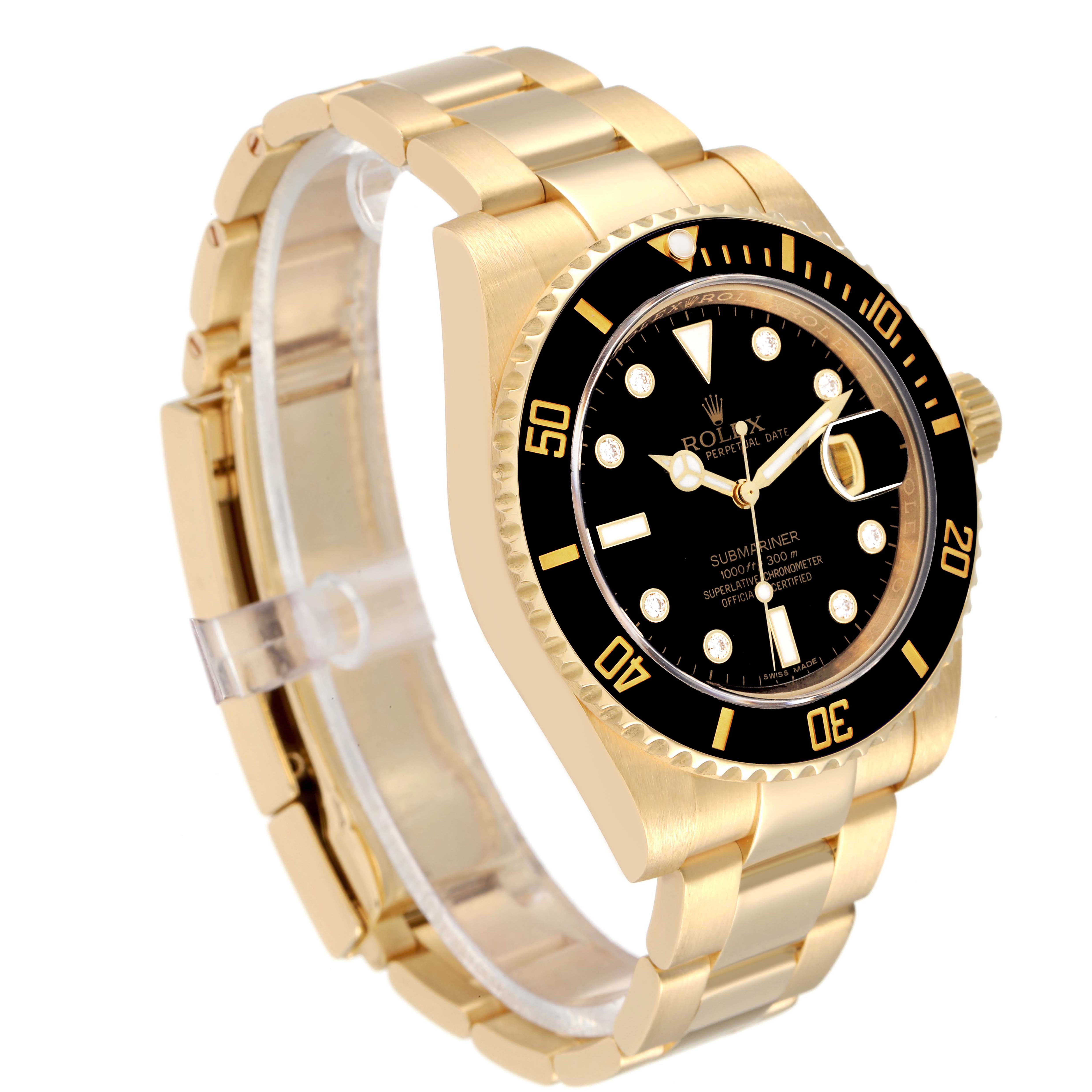 The Rolex Submariner 116618 Men's Yellow Gold Black Dial 116618 Men's Yellow Gold Black Dial watch is shown at a three-quarter angle, displaying the face, bezel, crown, and part of the bracelet.