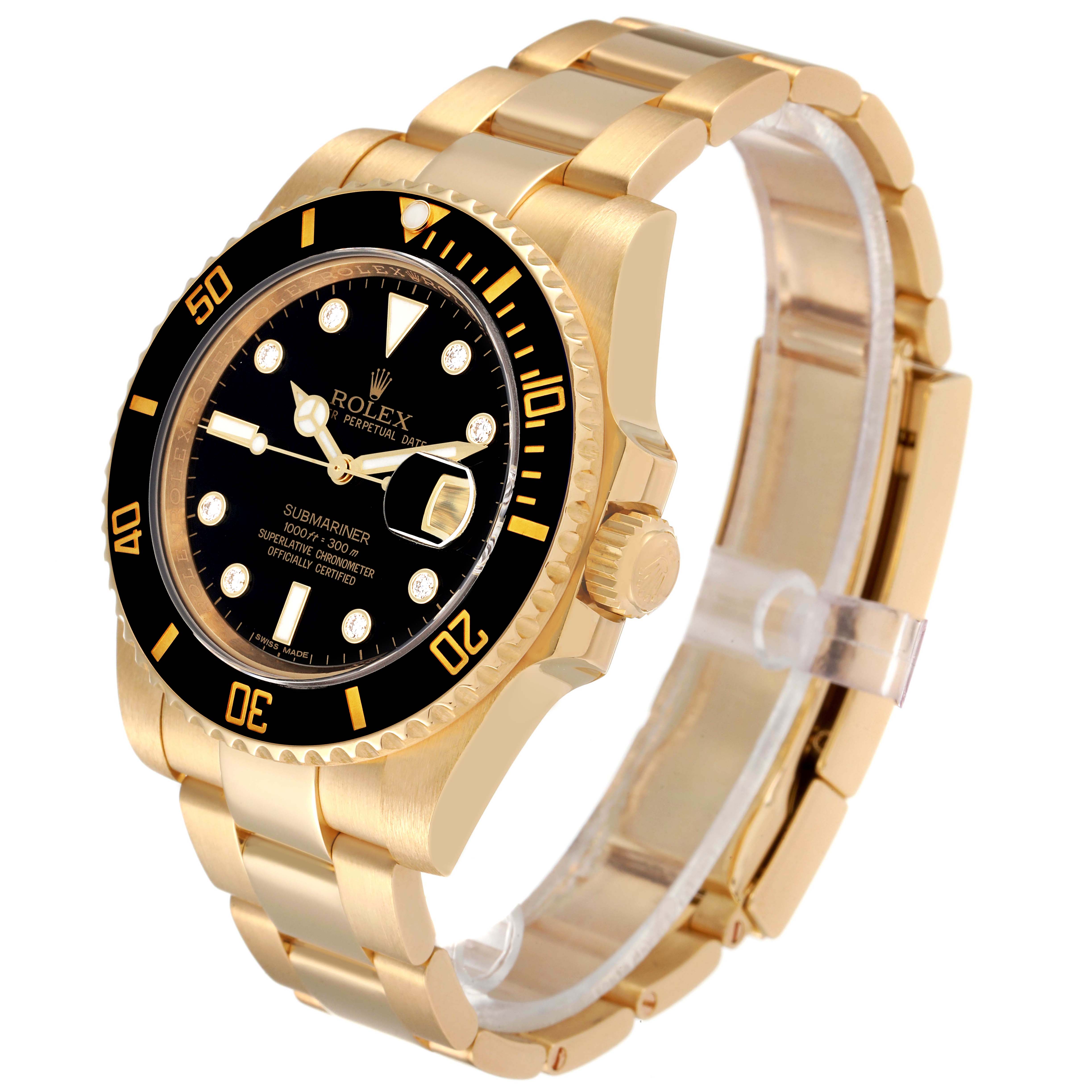 The Rolex Submariner 116618 Men's Yellow Gold Black Dial 116618 Men's Yellow Gold Black Dial watch is shown in a side-angle view highlighting the dial, bezel, and bracelet.