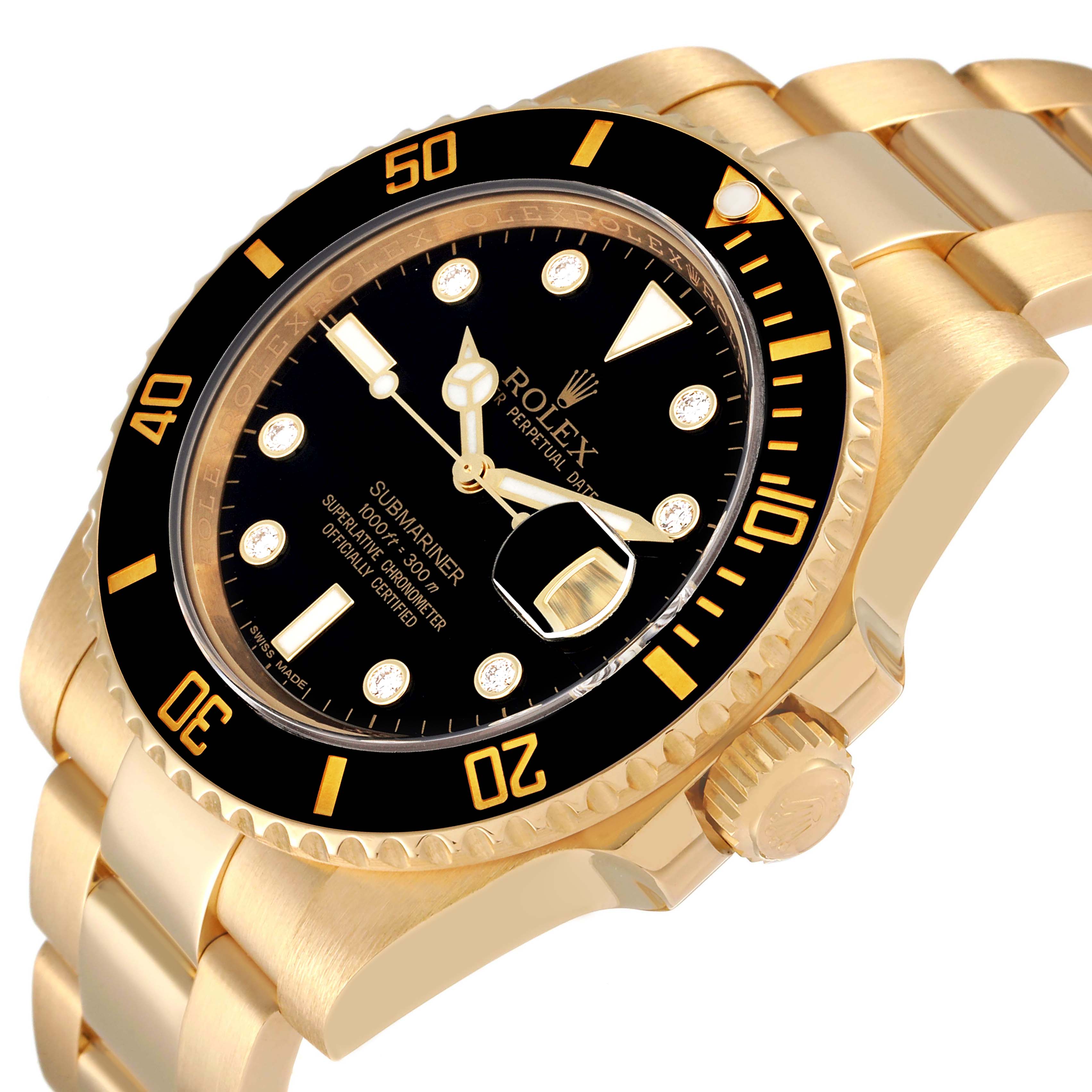 The image shows a Rolex Submariner 116618 Men's Yellow Gold Black Dial 116618 Men's Yellow Gold Black Dial watch at an angled view, highlighting the black dial, gold case, bezel, and bracelet.