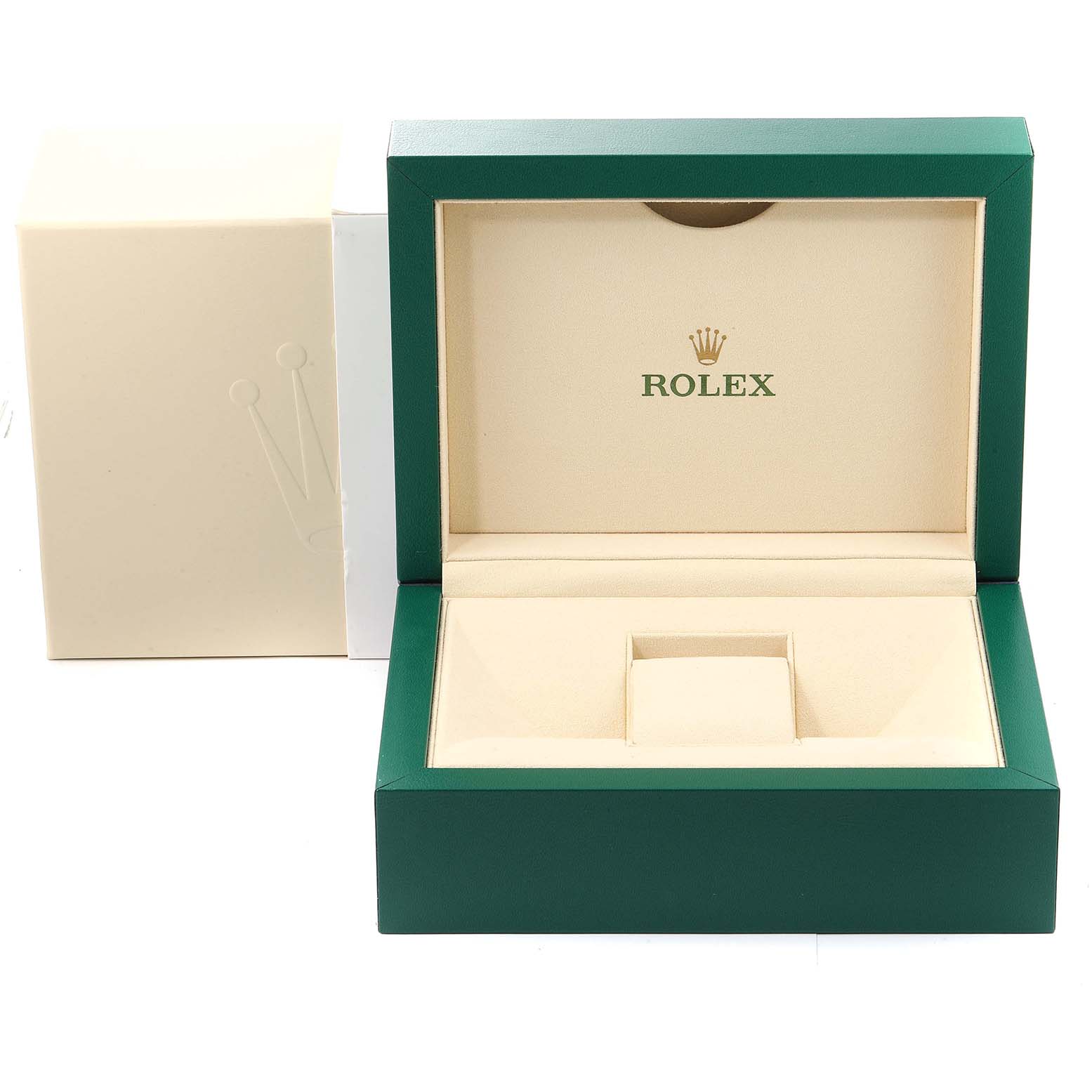 The image shows an open green and beige Rolex Submariner 116618 Men's Yellow Gold Black Dial 116618 Men's Yellow Gold Black Dial watch box with the logo inside and an outer box behind it.