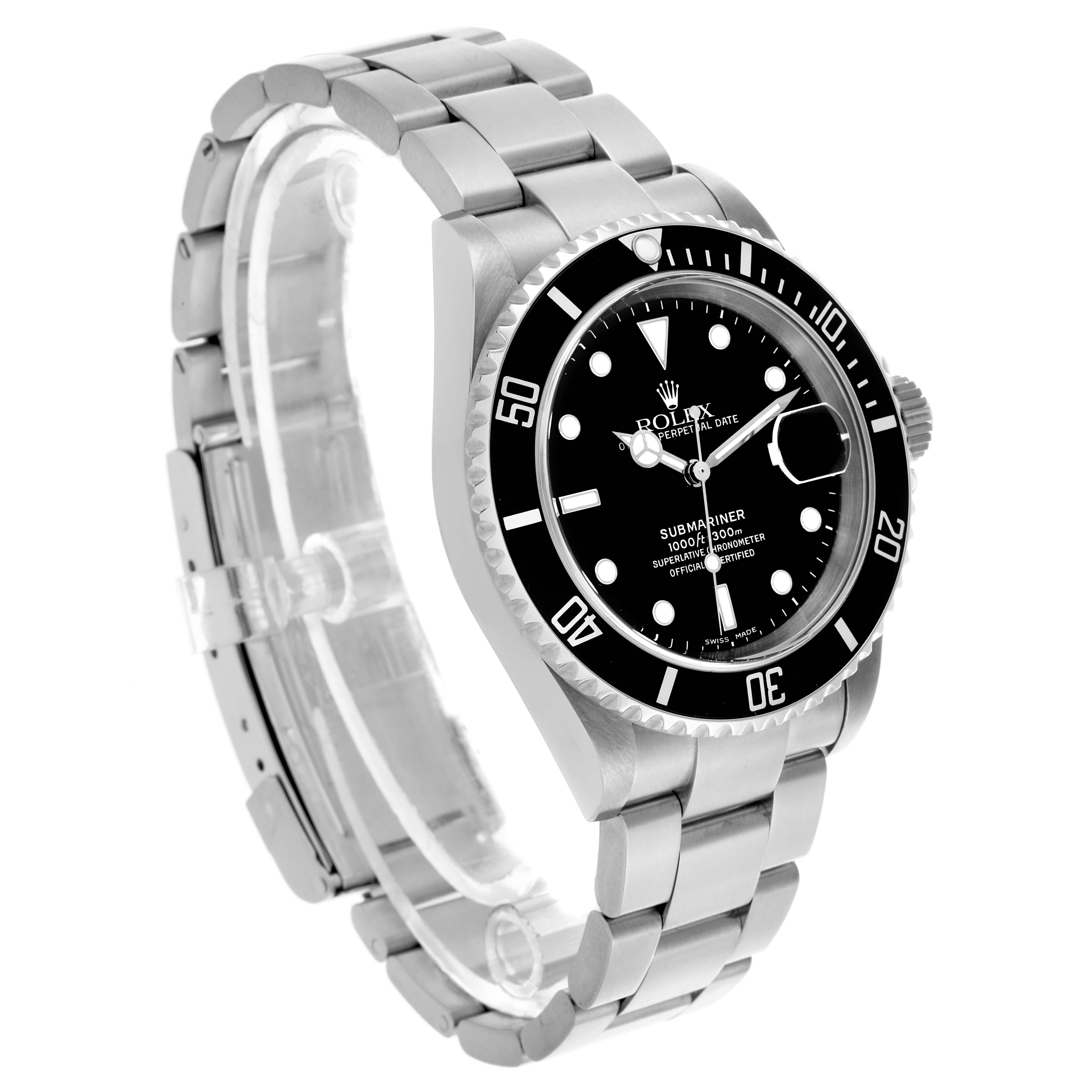 The Rolex Submariner 16610 Men
s Stainless Steel Black Dial 16610 Men
s Stainless Steel Black Dial watch is shown at a three-quarter angle highlighting the dial, bezel, and bracelet.