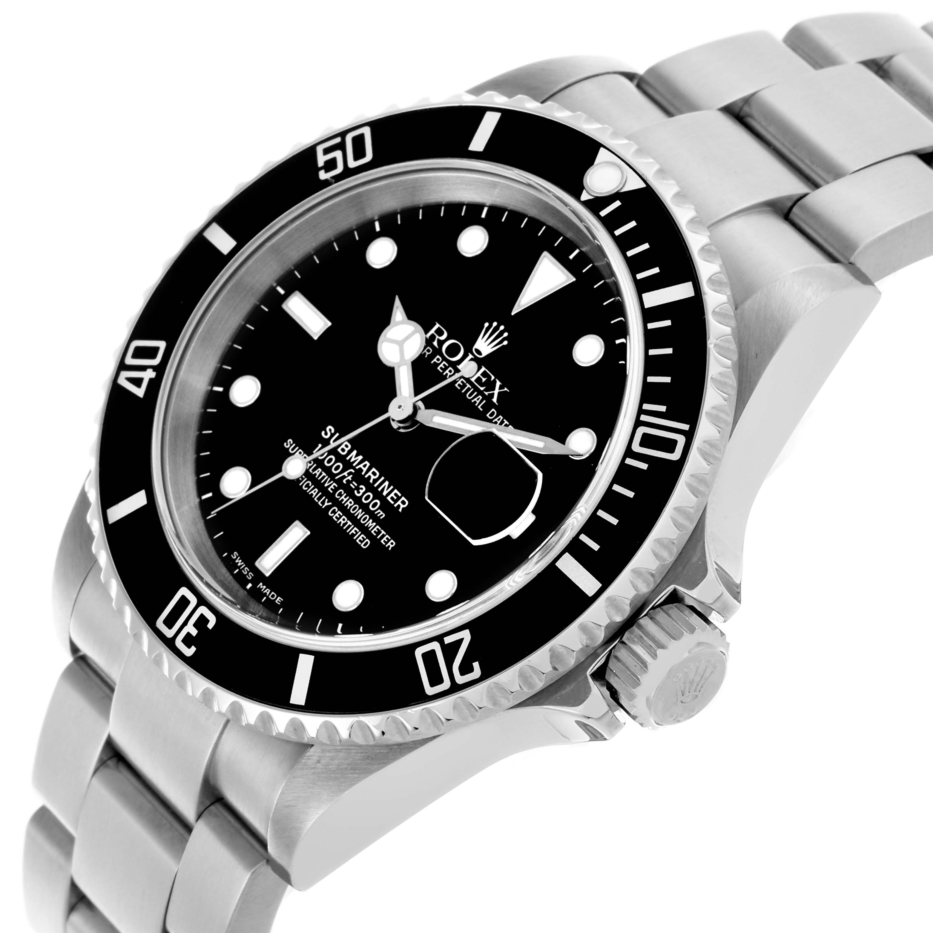 The Rolex Submariner 16610 Men
s Stainless Steel Black Dial 16610 Men
s Stainless Steel Black Dial watch is shown at a three-quarter angle, highlighting the dial, bezel, crown, and bracelet.