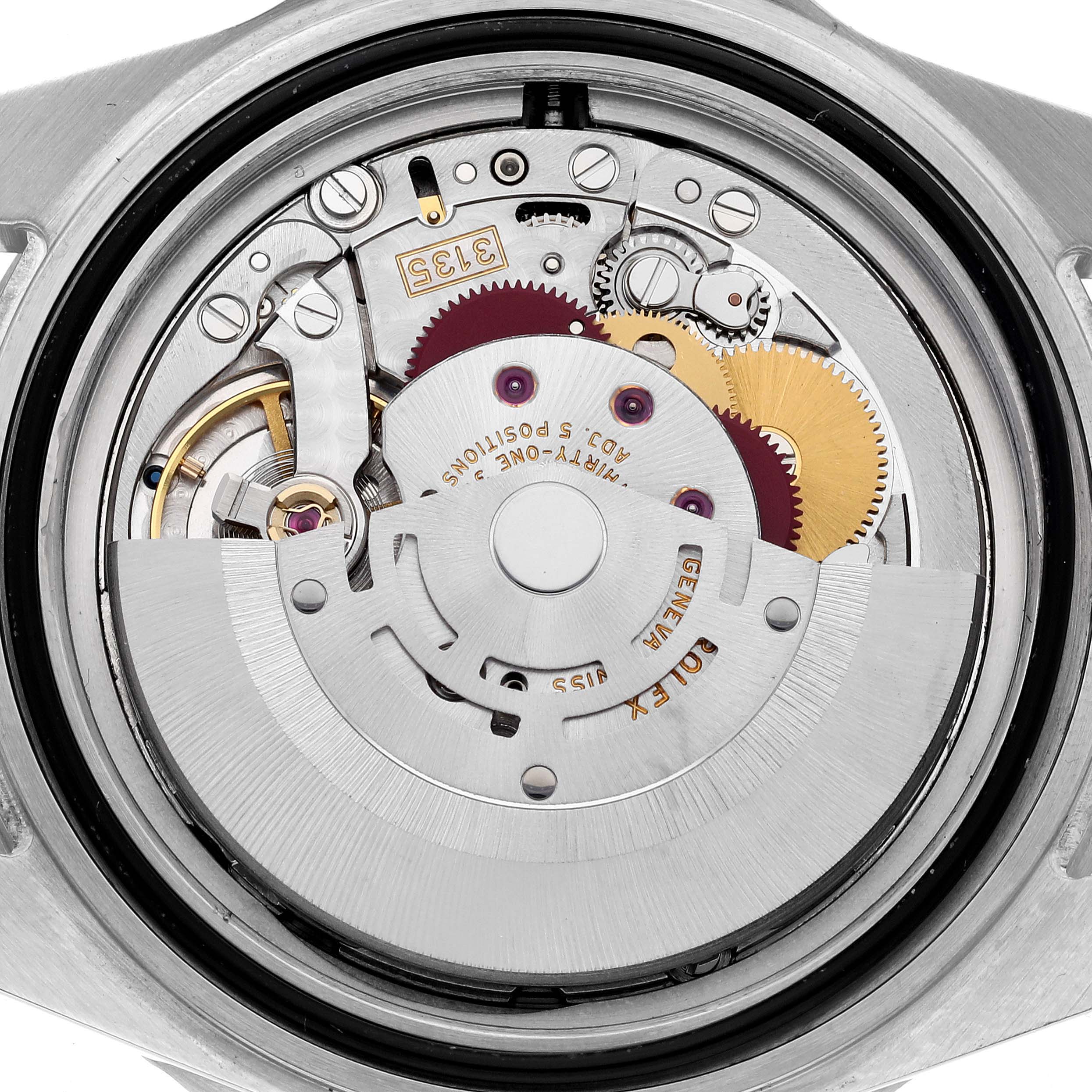 The image shows the movement and inner mechanism of a Rolex Submariner 16610 Men
s Stainless Steel Black Dial 16610 Men
s Stainless Steel Black Dial watch from a top view, focusing on the rotor and gears.