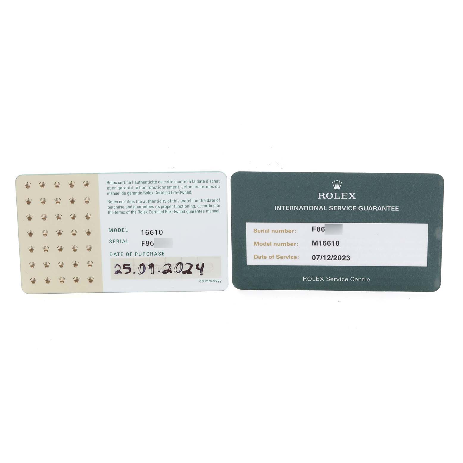 The image shows warranty and service cards for a Rolex Submariner 16610 Men
s Stainless Steel Black Dial 16610 Men
s Stainless Steel Black Dial model.