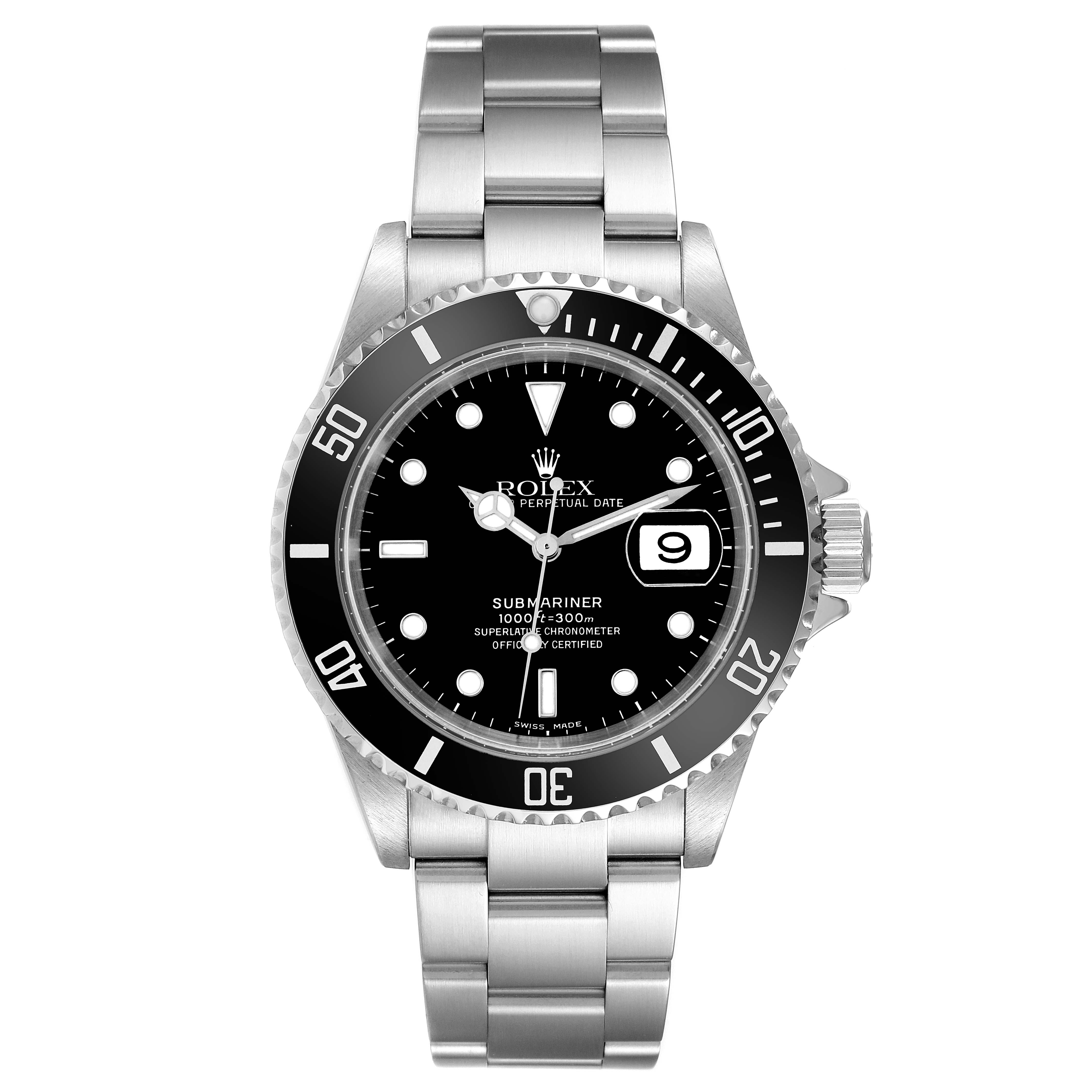The Rolex Submariner 16610 Men
s Stainless Steel Black Dial 16610 Men
s Stainless Steel Black Dial watch is shown from a front view, displaying the dial, bezel, and bracelet.
