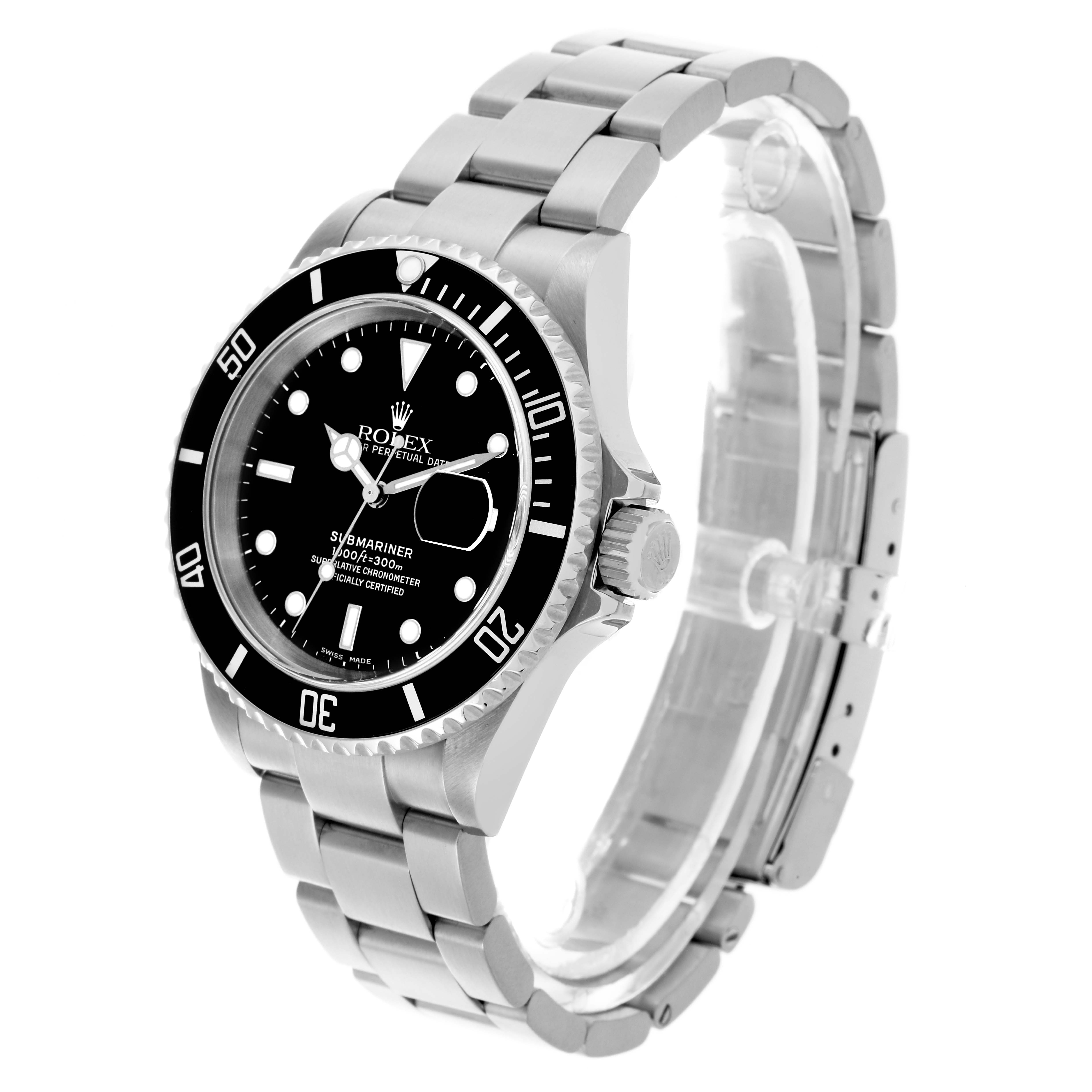 The Rolex Submariner 16610 Men
s Stainless Steel Black Dial 16610 Men
s Stainless Steel Black Dial is shown at a side angle, displaying the bezel, dial, and bracelet.