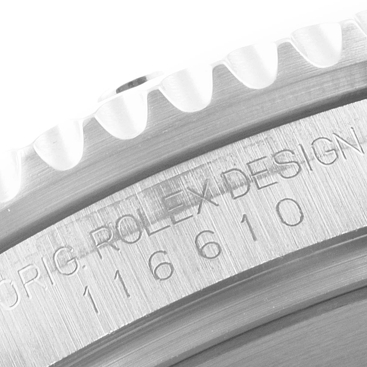 The image shows a close-up of the bezel and the engraved model number of a Rolex Submariner 116610LV Men
s Stainless Steel Green Dial 116610LV Men
s Stainless Steel Green Dial watch.