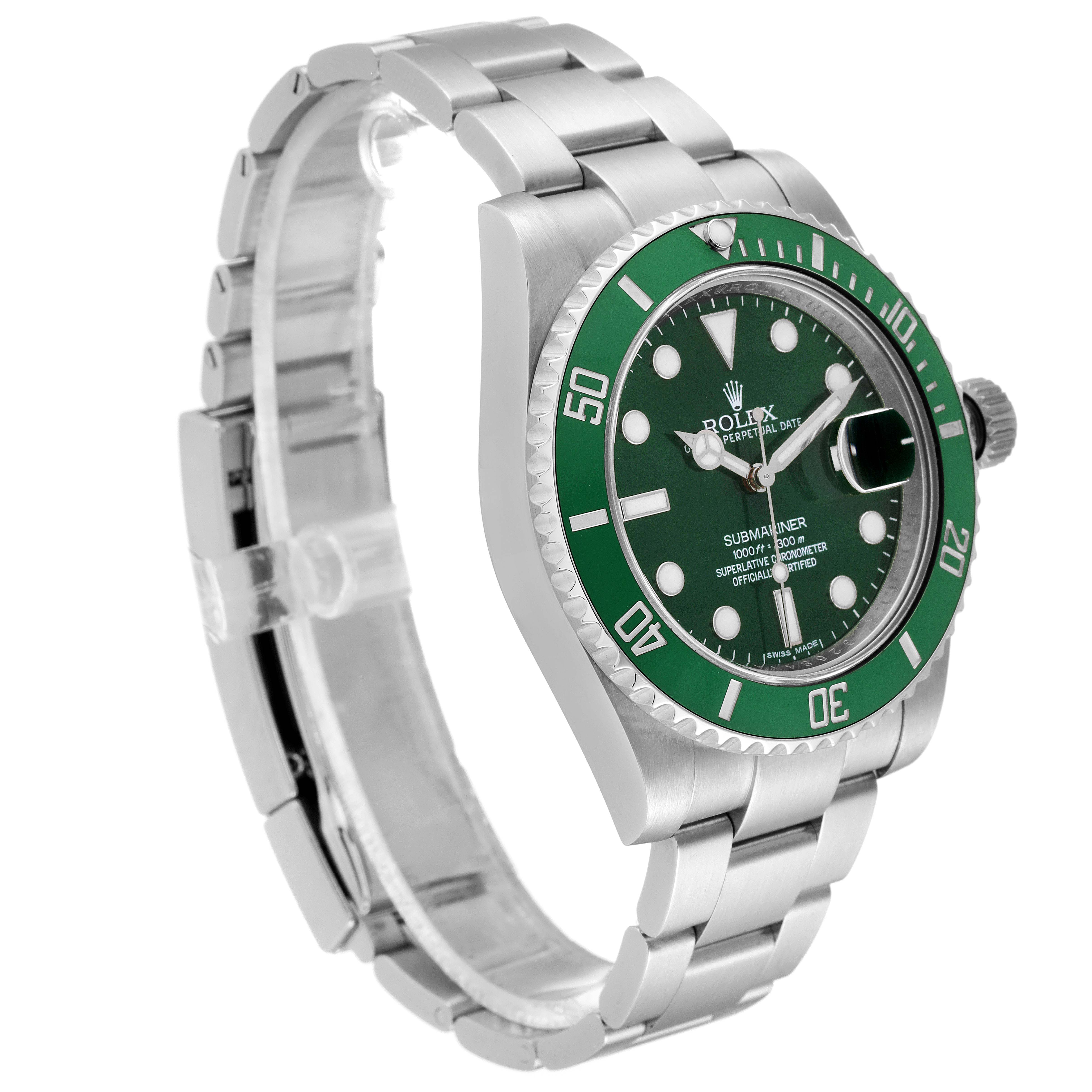 The image shows a Rolex Submariner 116610LV Men
s Stainless Steel Green Dial 116610LV Men
s Stainless Steel Green Dial watch at a three-quarter angle, displaying its green bezel, dial, and stainless steel bracelet.