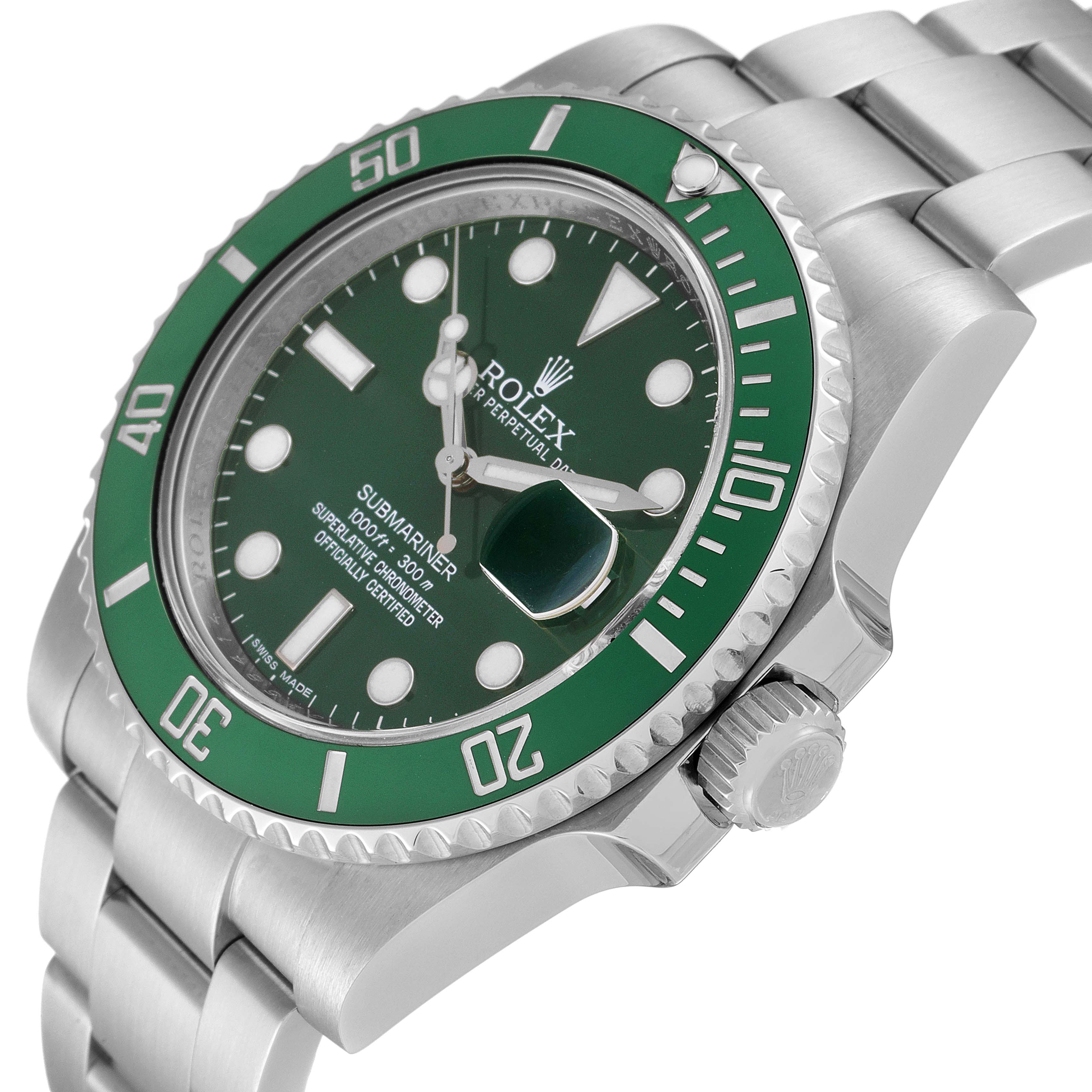 The image shows a side-angle view of a Rolex Submariner 116610LV Men
s Stainless Steel Green Dial 116610LV Men
s Stainless Steel Green Dial watch, highlighting its green dial, bezel, and stainless steel bracelet.