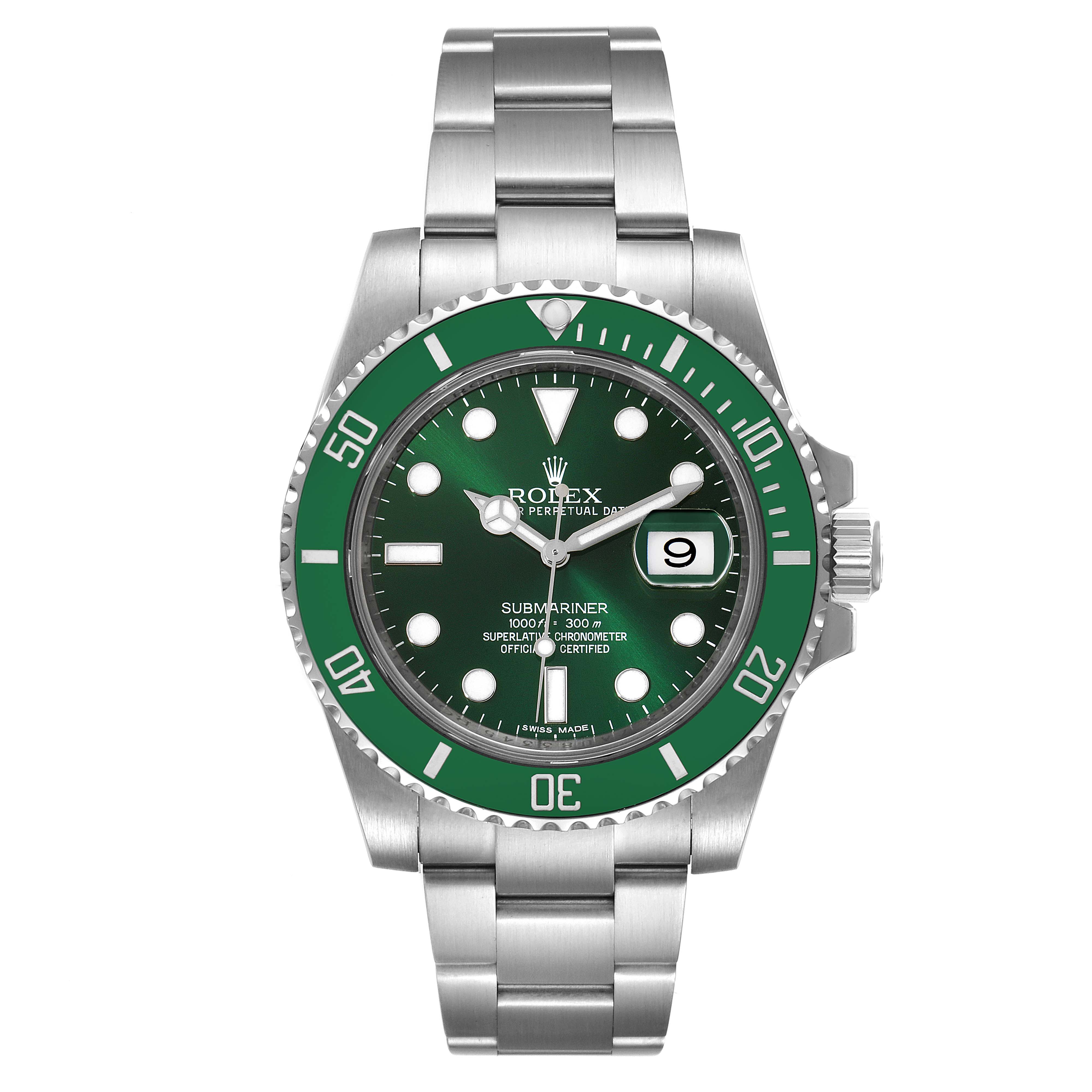 This image shows a front view of the Rolex Submariner 116610LV Men
s Stainless Steel Green Dial 116610LV Men
s Stainless Steel Green Dial, highlighting its green bezel, dial, and stainless steel bracelet.