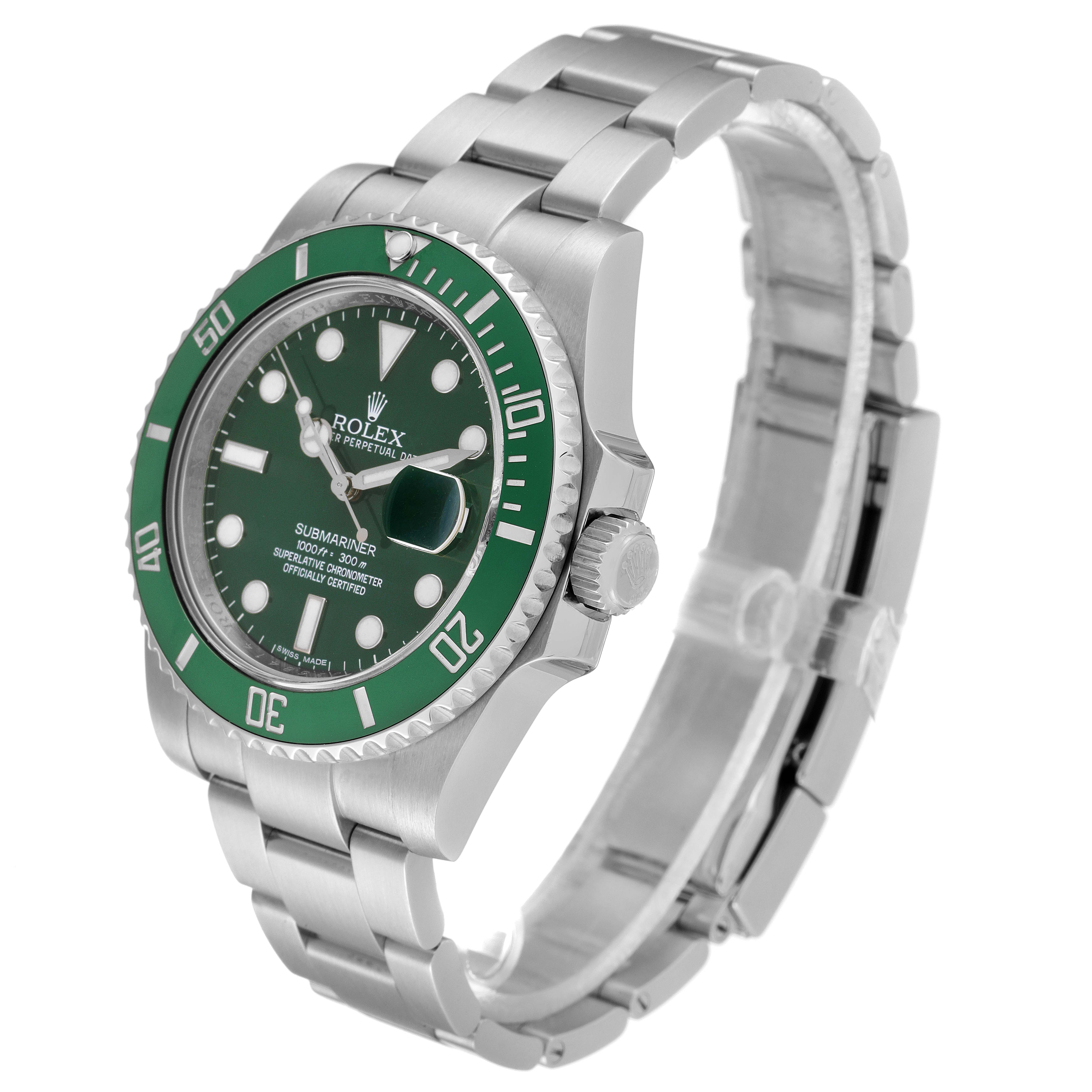 The image shows a Rolex Submariner 116610LV Men
s Stainless Steel Green Dial 116610LV Men
s Stainless Steel Green Dial watch from an angled side view with its green bezel and part of its metal bracelet visible.