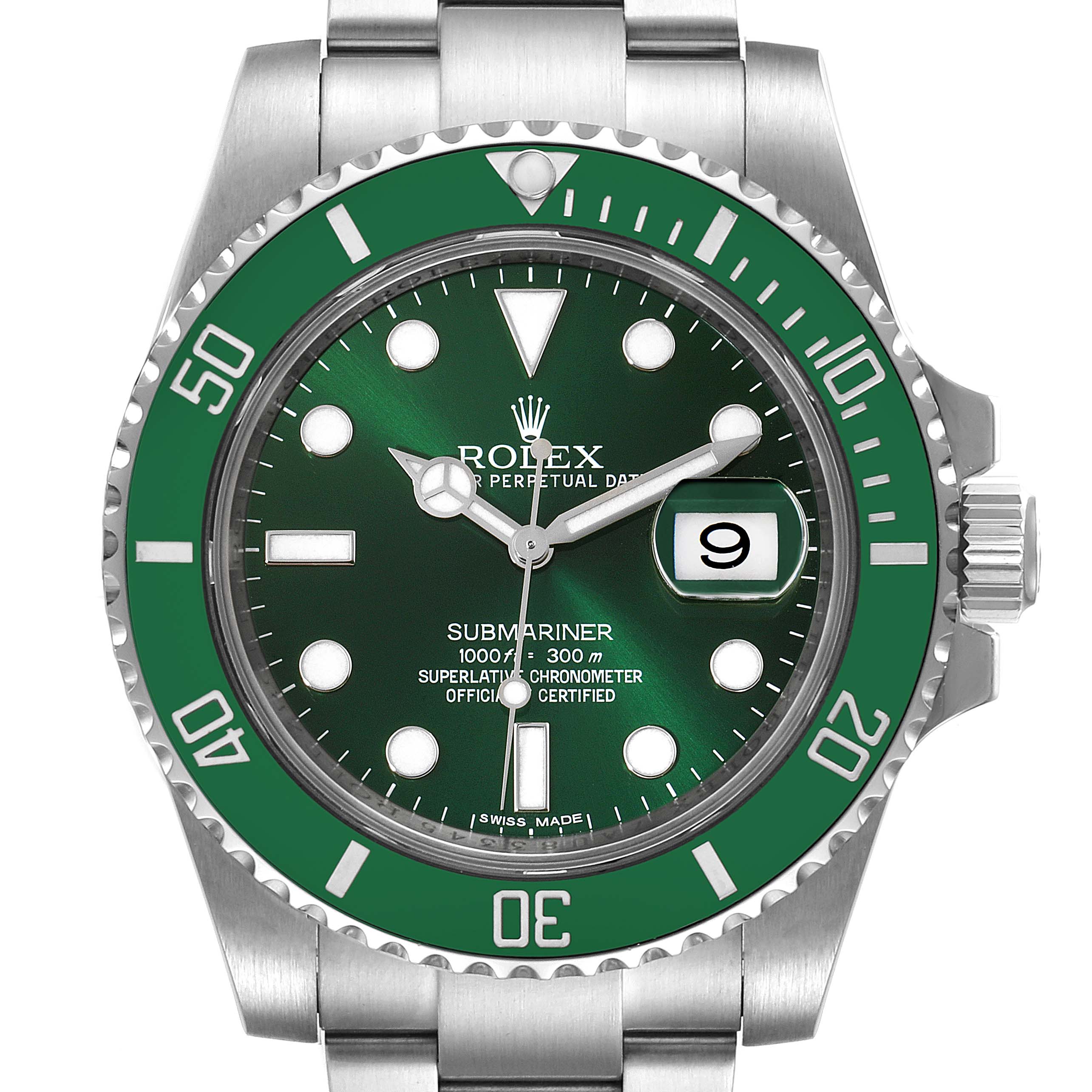 The image shows a front view of a Rolex Submariner 116610LV Men
s Stainless Steel Green Dial 116610LV Men
s Stainless Steel Green Dial watch, highlighting its green bezel, dial, and bracelet.