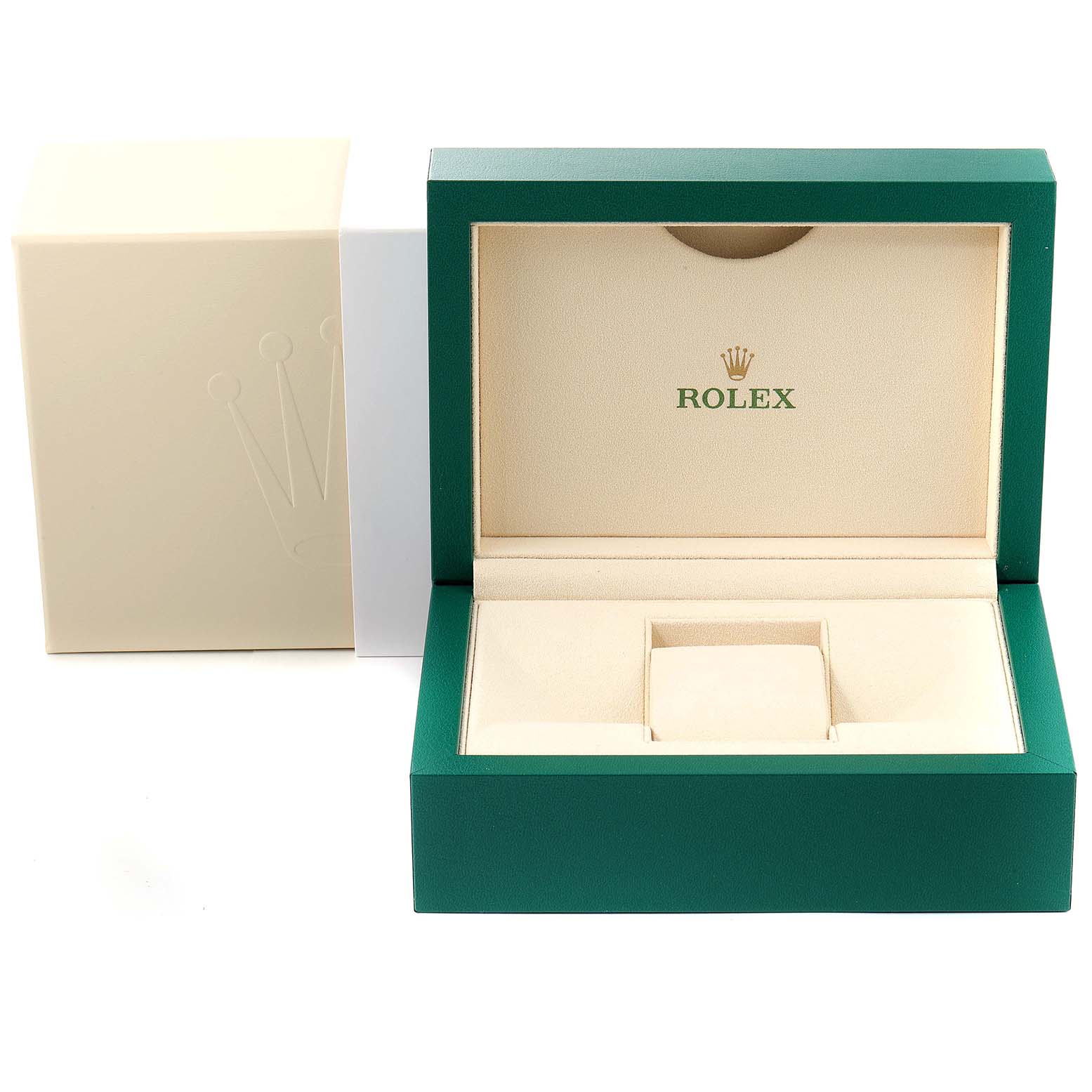 The image shows the open green and beige box for the Rolex Submariner 116610LV Men
s Stainless Steel Green Dial 116610LV Men
s Stainless Steel Green Dial watch, with the brand name and logo inside.