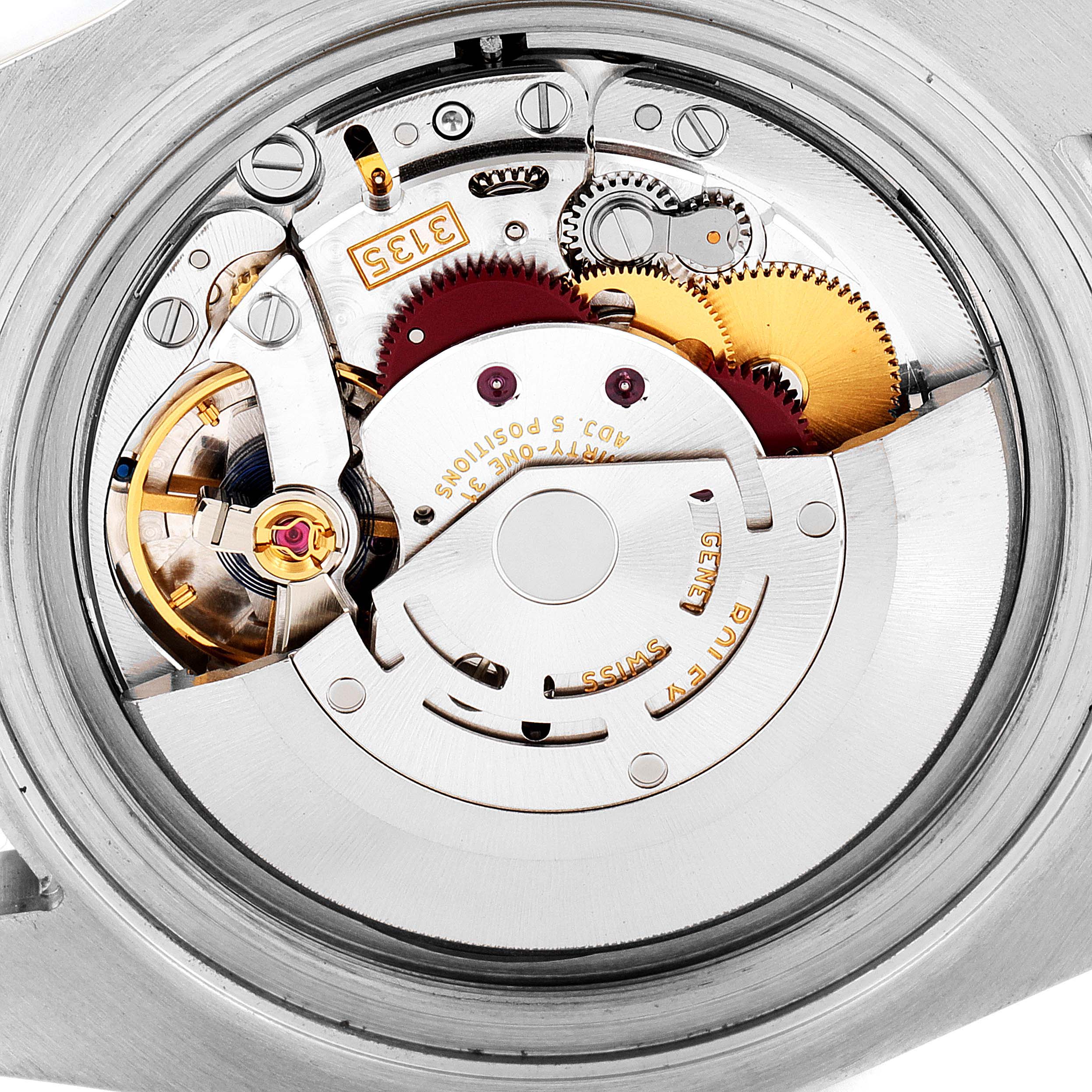 The image shows the intricate internal movement components of a Rolex Submariner 116610LV Men
s Stainless Steel Green Dial 116610LV Men
s Stainless Steel Green Dial watch from a rear angle.