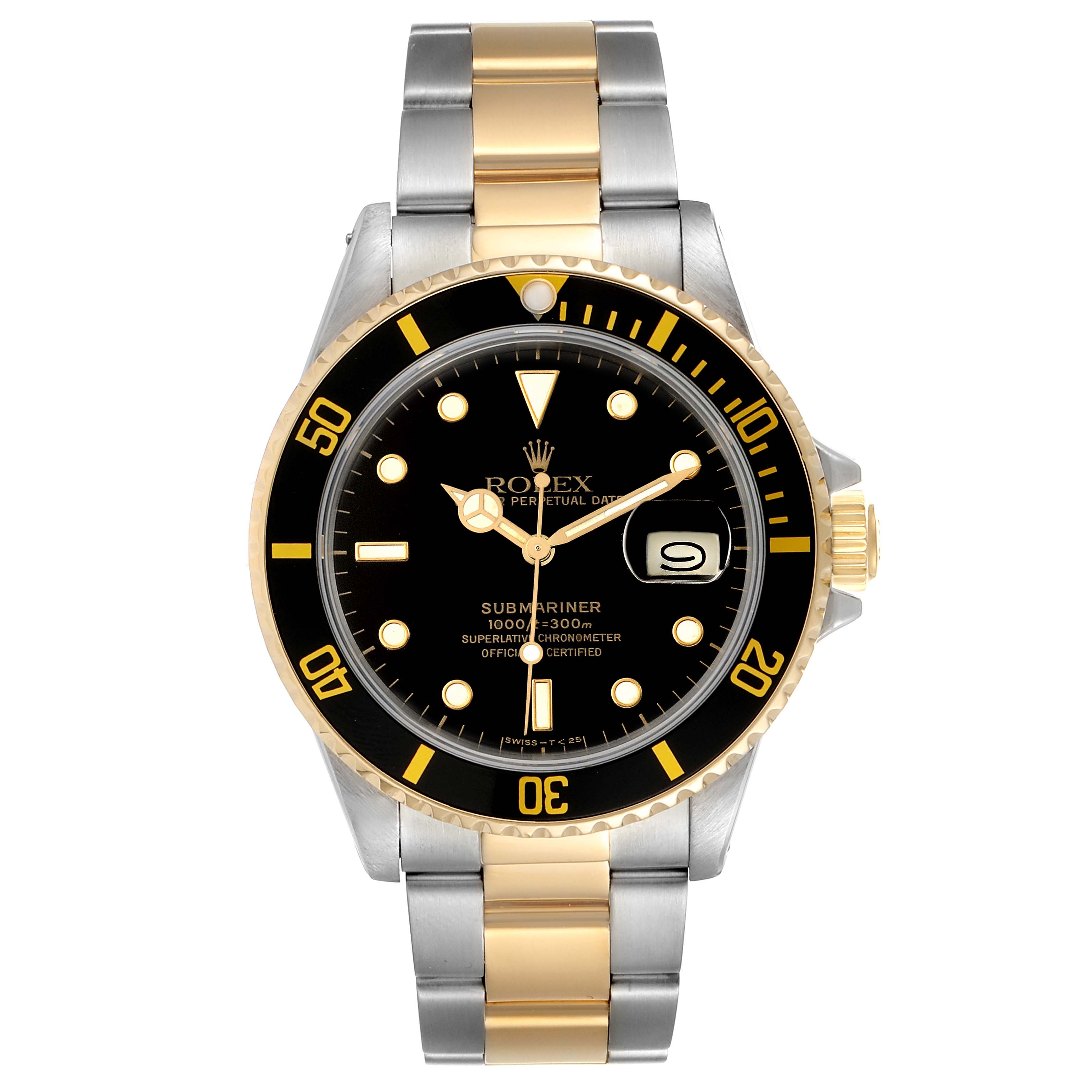 The Rolex Submariner 16803 Men's Steel and Gold (two tone) Black Dial 16803 Men's Steel and Gold (two tone) Black Dial watch is shown from the front, displaying its face, bezel, and bi-metal bracelet.