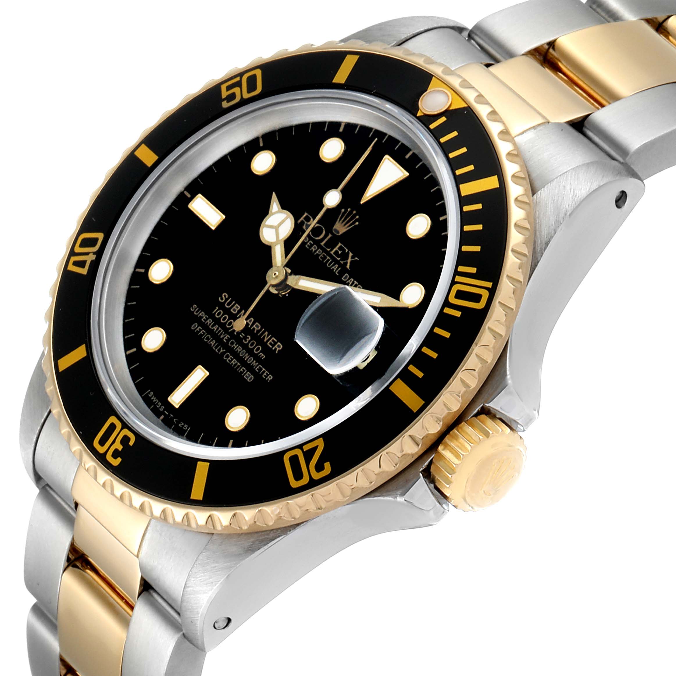 The image shows a side and face view of a Rolex Submariner 16803 Men's Steel and Gold (two tone) Black Dial 16803 Men's Steel and Gold (two tone) Black Dial model watch with a gold and silver bracelet and a black dial.