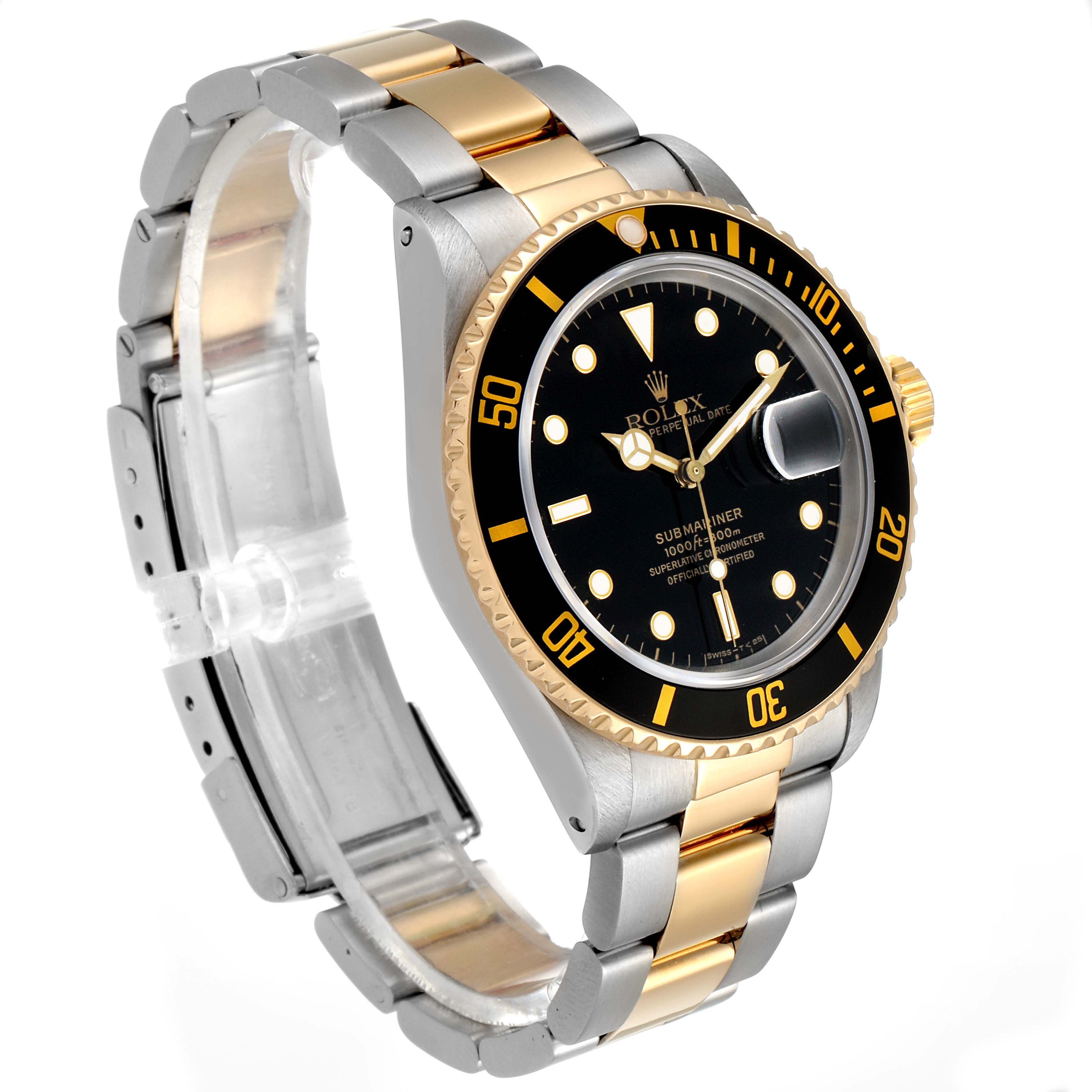 The image shows a Rolex Submariner 16803 Men's Steel and Gold (two tone) Black Dial 16803 Men's Steel and Gold (two tone) Black Dial watch at a three-quarter angle, highlighting its black dial, unidirectional bezel, and two-tone bracelet.