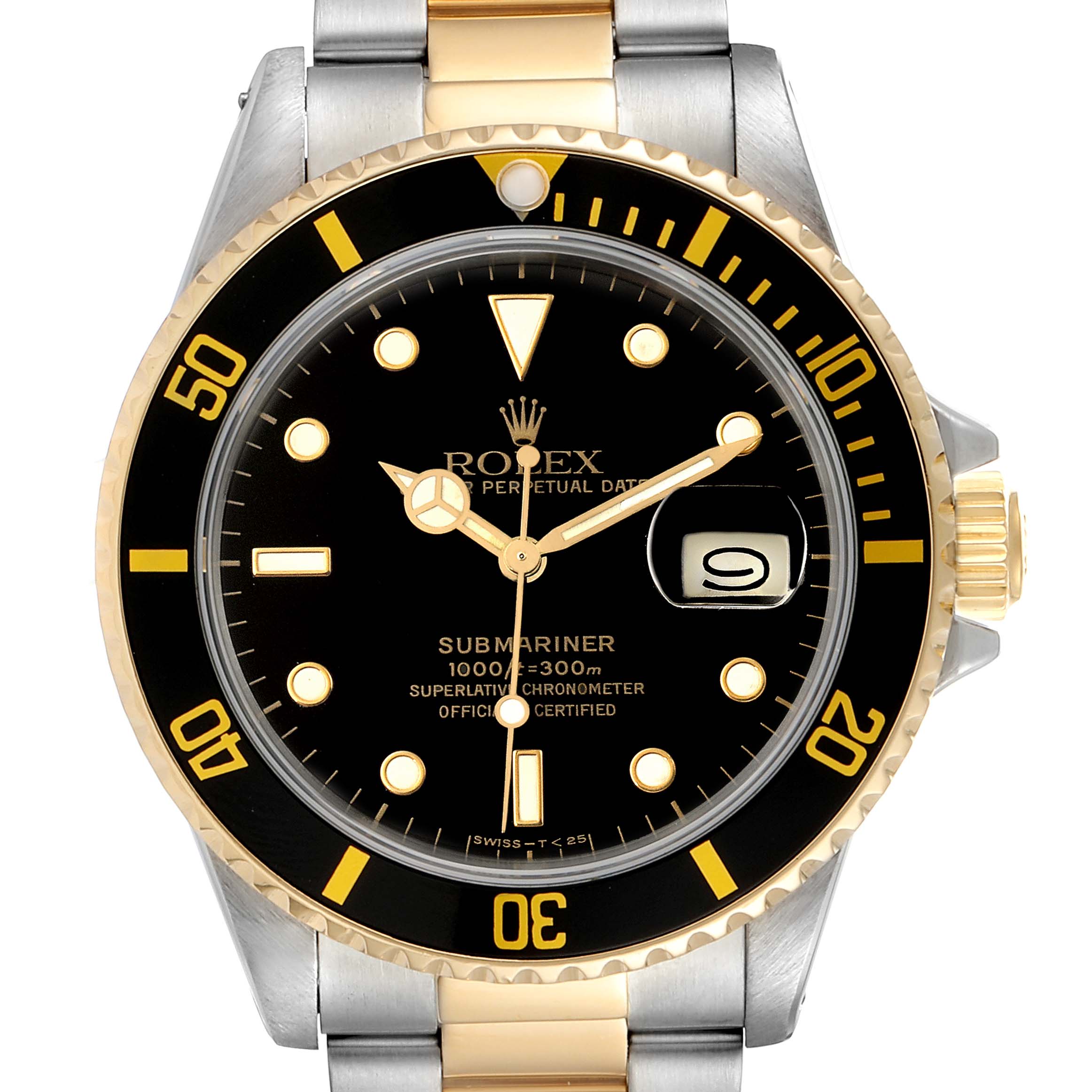 This is a frontal view of the Rolex Submariner 16803 Men's Steel and Gold (two tone) Black Dial 16803 Men's Steel and Gold (two tone) Black Dial watch, showcasing its dial, bezel, and part of the bracelet.