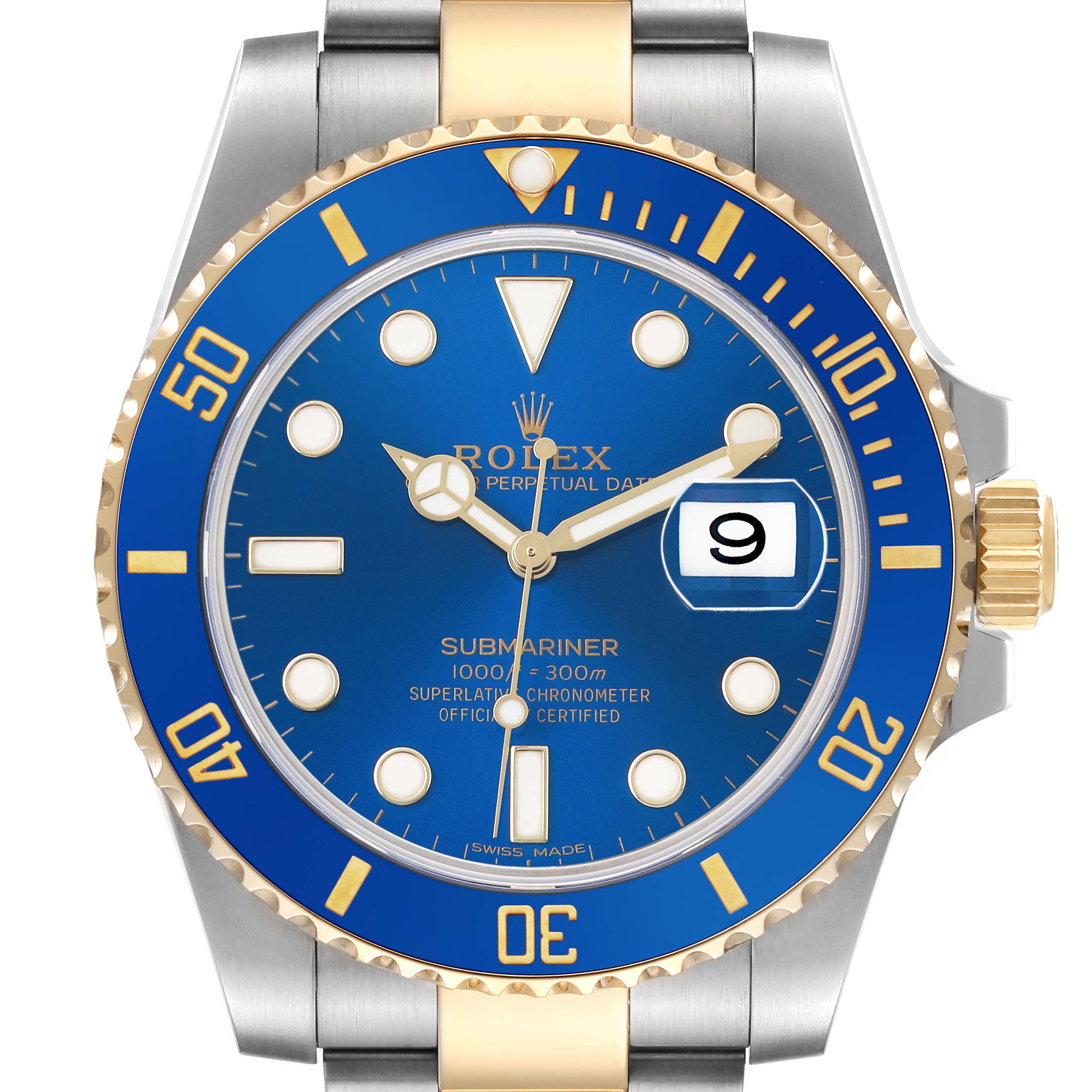 The Rolex Submariner 116613 Men's Steel and Gold (two tone) Blue Dial watch is shown from a top-down angle, highlighting the blue dial, bezel, and two-tone bracelet.