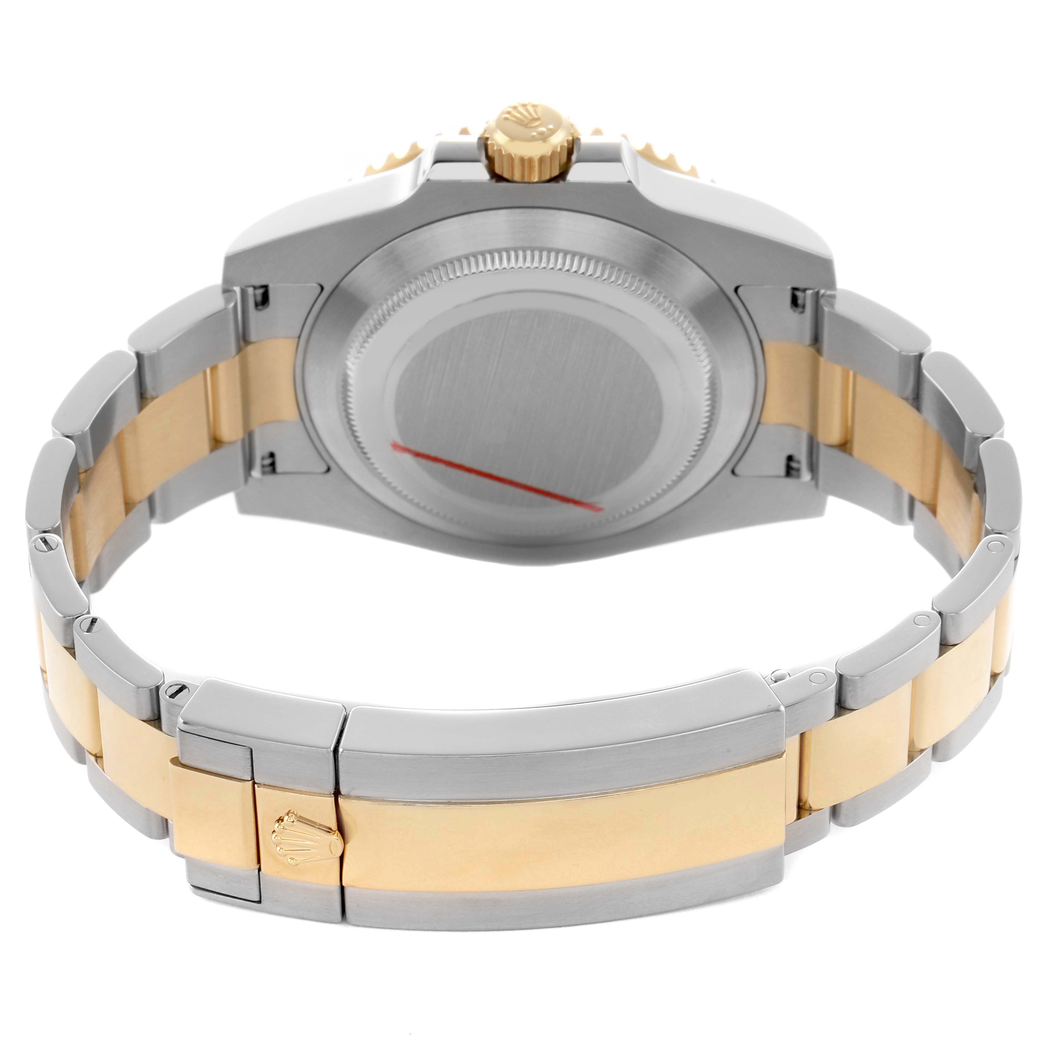 The image shows the back view of a Rolex Submariner 116613 Men's Steel and Gold (two tone) Blue Dial, highlighting the case back, crown, and two-tone bracelet.