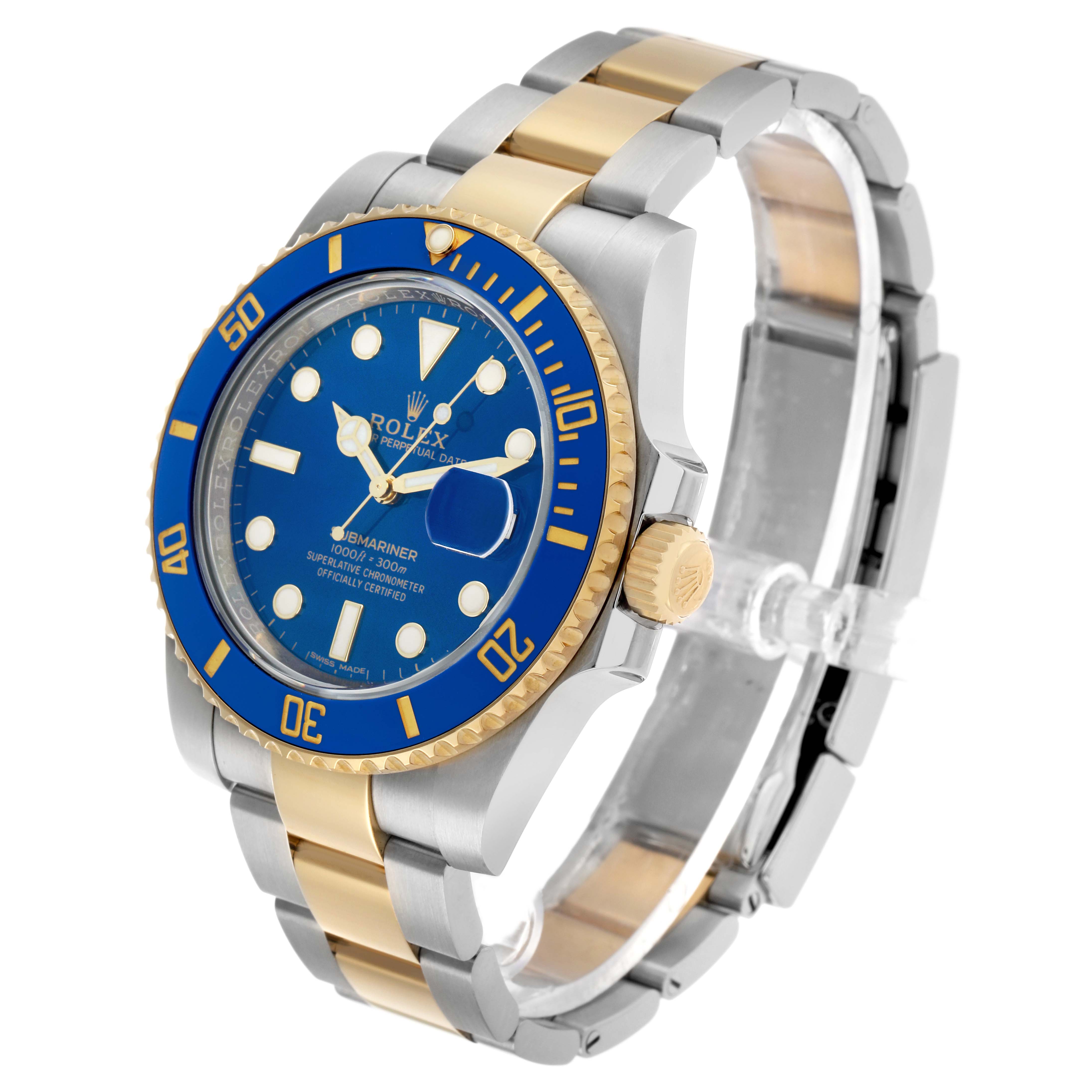 The Rolex Submariner 116613 Men's Steel and Gold (two tone) Blue Dial is shown at an oblique angle highlighting the bracelet, bezel, dial, and crown.
