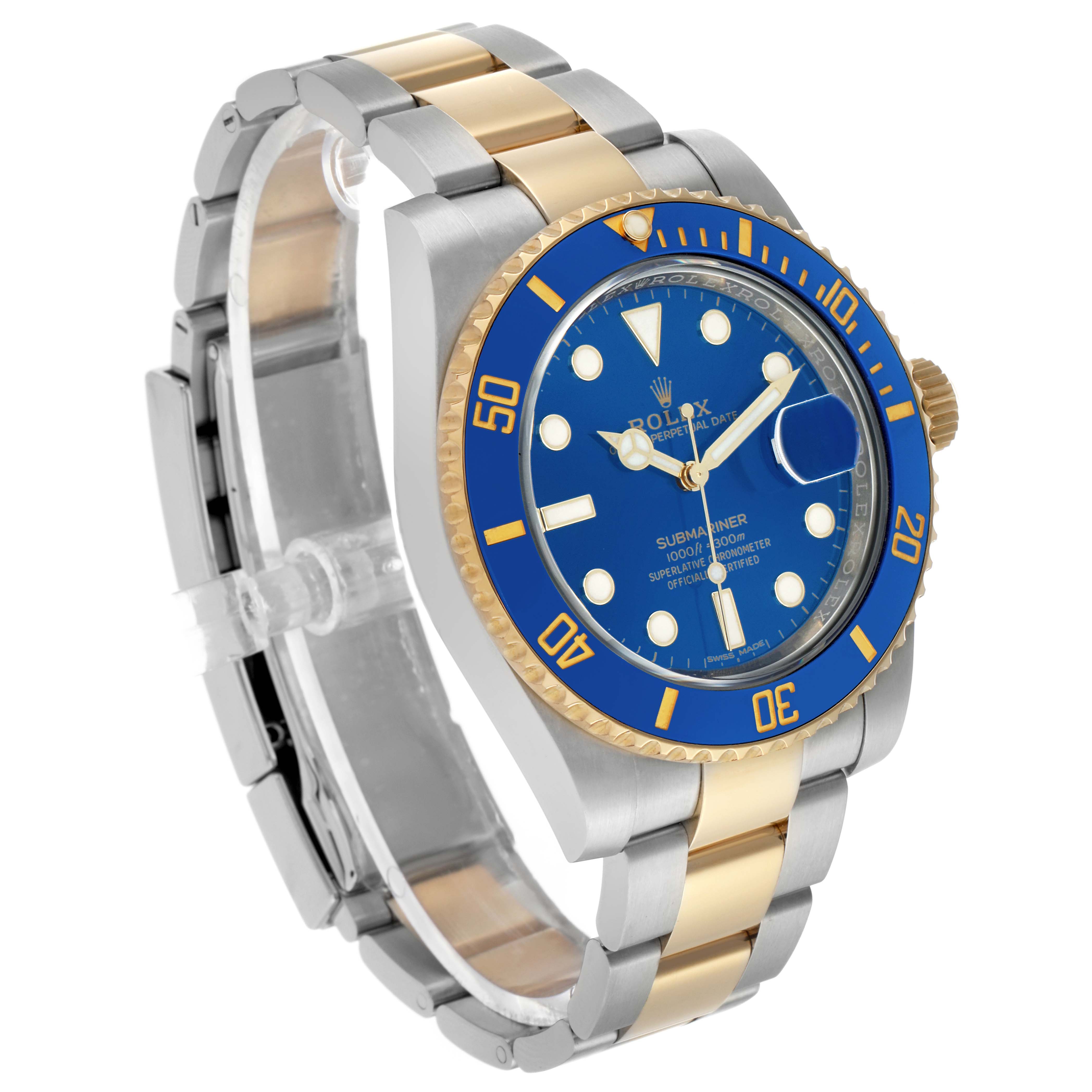 The Rolex Submariner 116613 Men's Steel and Gold (two tone) Blue Dial watch is shown at an angle highlighting the blue dial, bezel, and two-tone bracelet.
