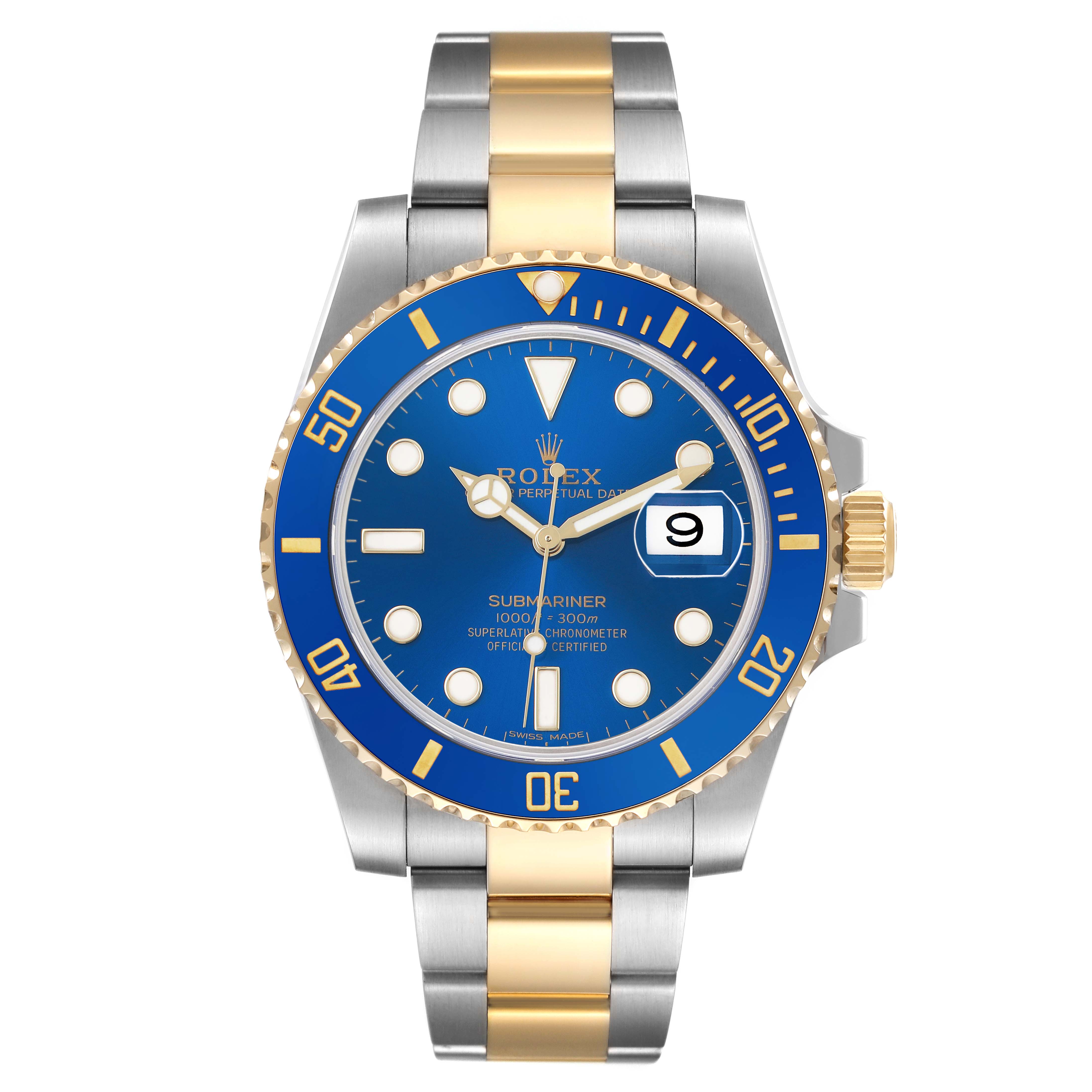 The Rolex Submariner 116613 Men's Steel and Gold (two tone) Blue Dial watch is shown from a front angle, displaying its blue dial, bezel, and two-tone bracelet.