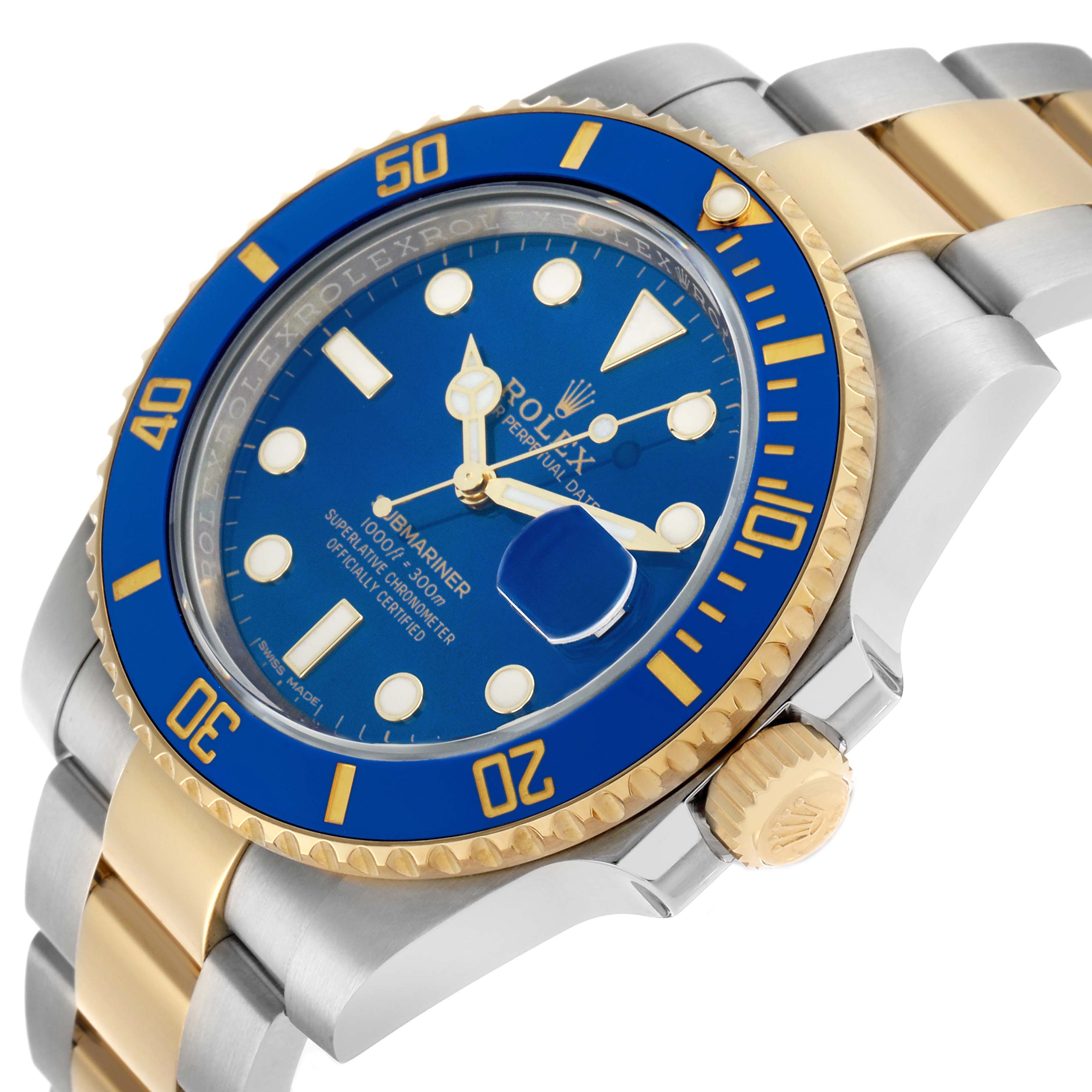 The Rolex Submariner 116613 Men's Steel and Gold (two tone) Blue Dial watch is shown at an angle highlighting the blue dial, two-tone bracelet, bezel, and crown.