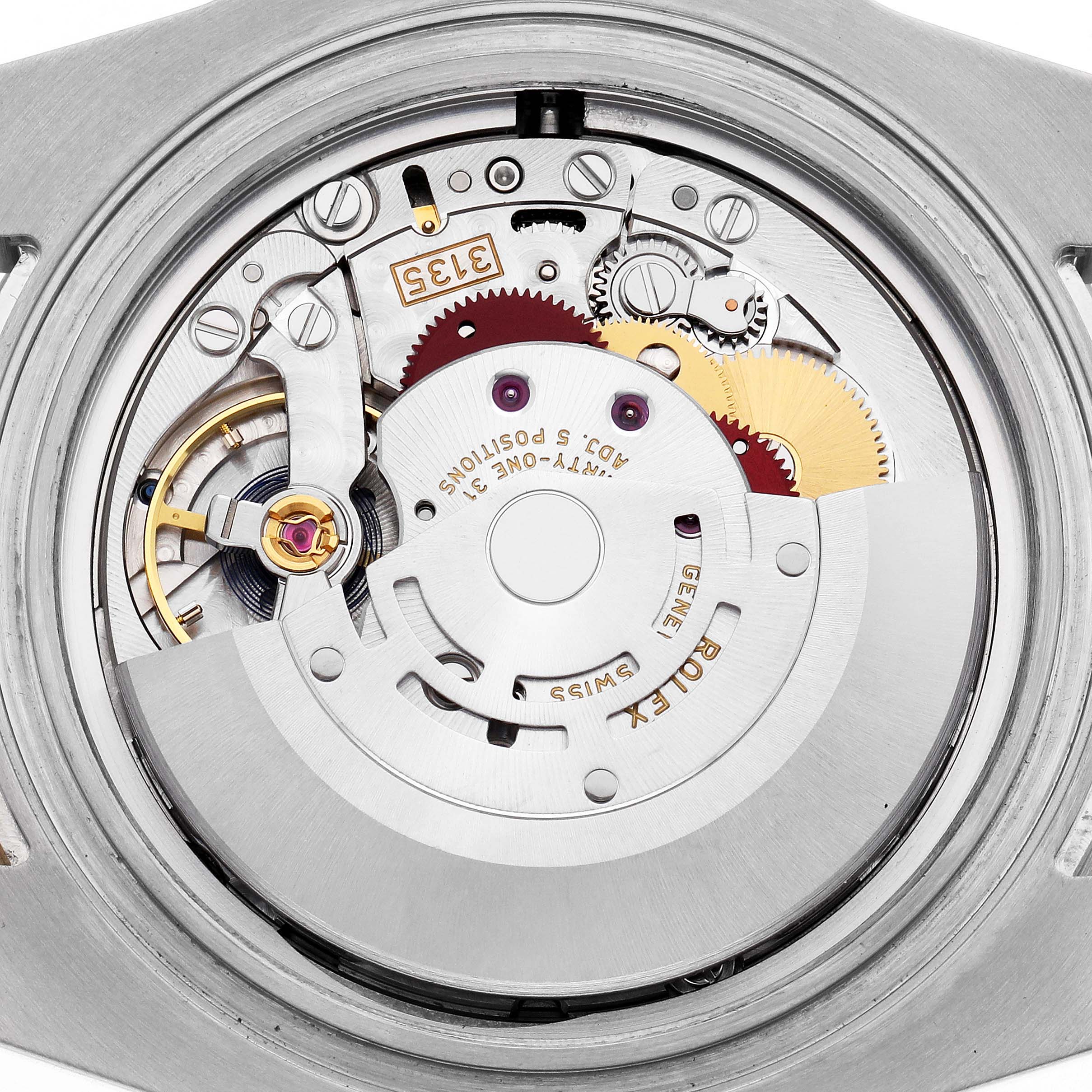 This image shows the open case back of a Rolex Submariner 116613 Men's Steel and Gold (two tone) Blue Dial, revealing its mechanical movement components.