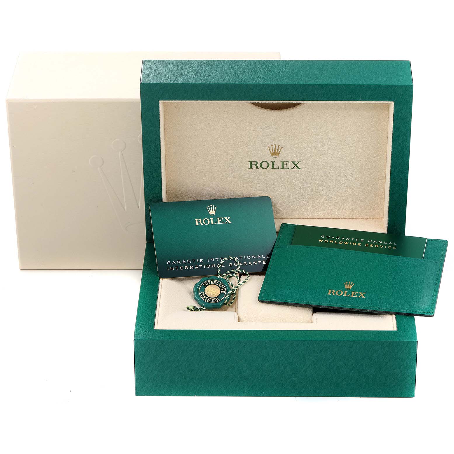 The image shows a Rolex Submariner 116613 Men
s Steel and Gold (two tone) Blue Dial 116613 Men
s Steel and Gold (two tone) Blue Dial watch box, guarantee cards, a service manual, and a hang tag viewed from the front.