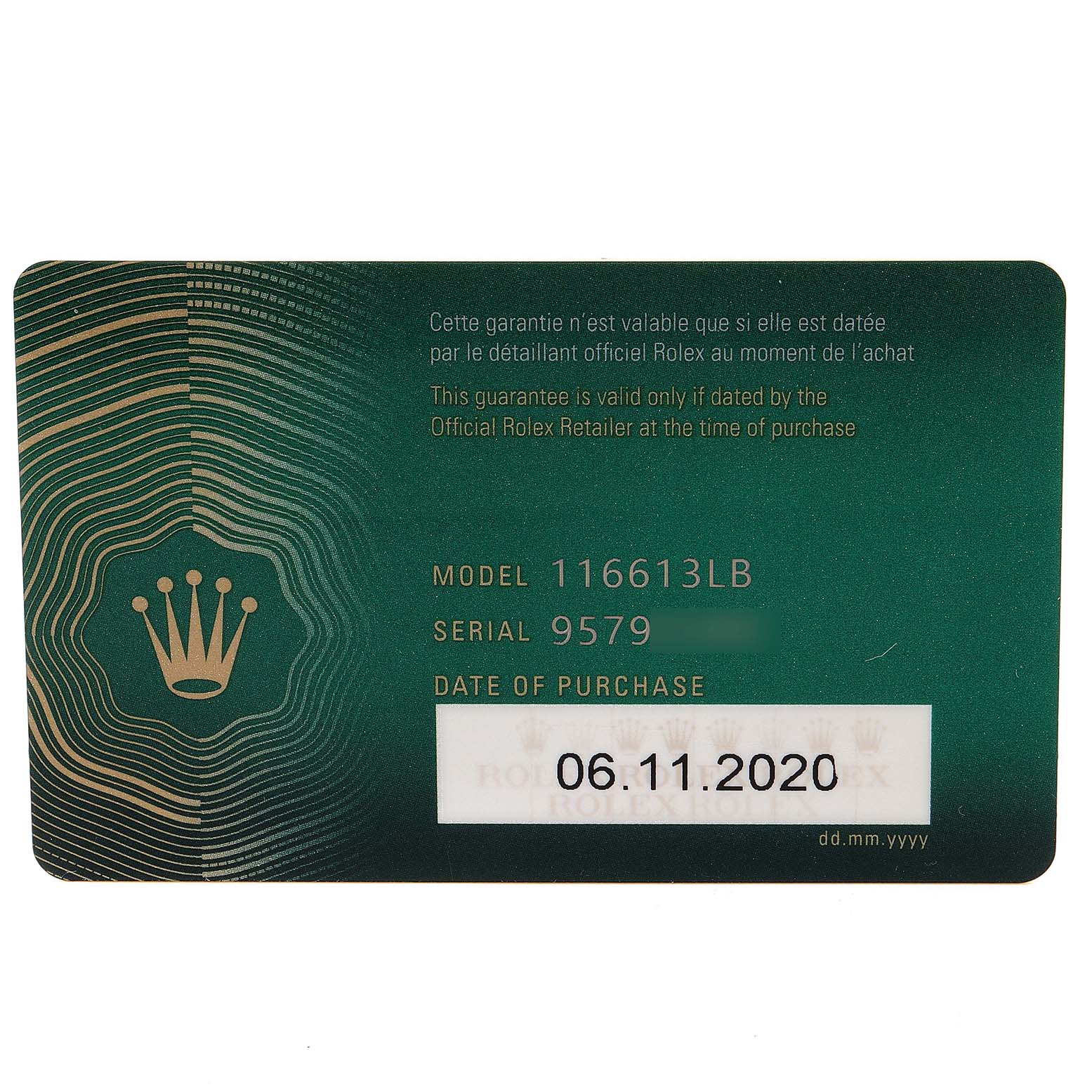 The image shows the guarantee card for a Rolex Submariner 116613 Men
s Steel and Gold (two tone) Blue Dial 116613 Men
s Steel and Gold (two tone) Blue Dial model 116613LB with purchase details including the date.