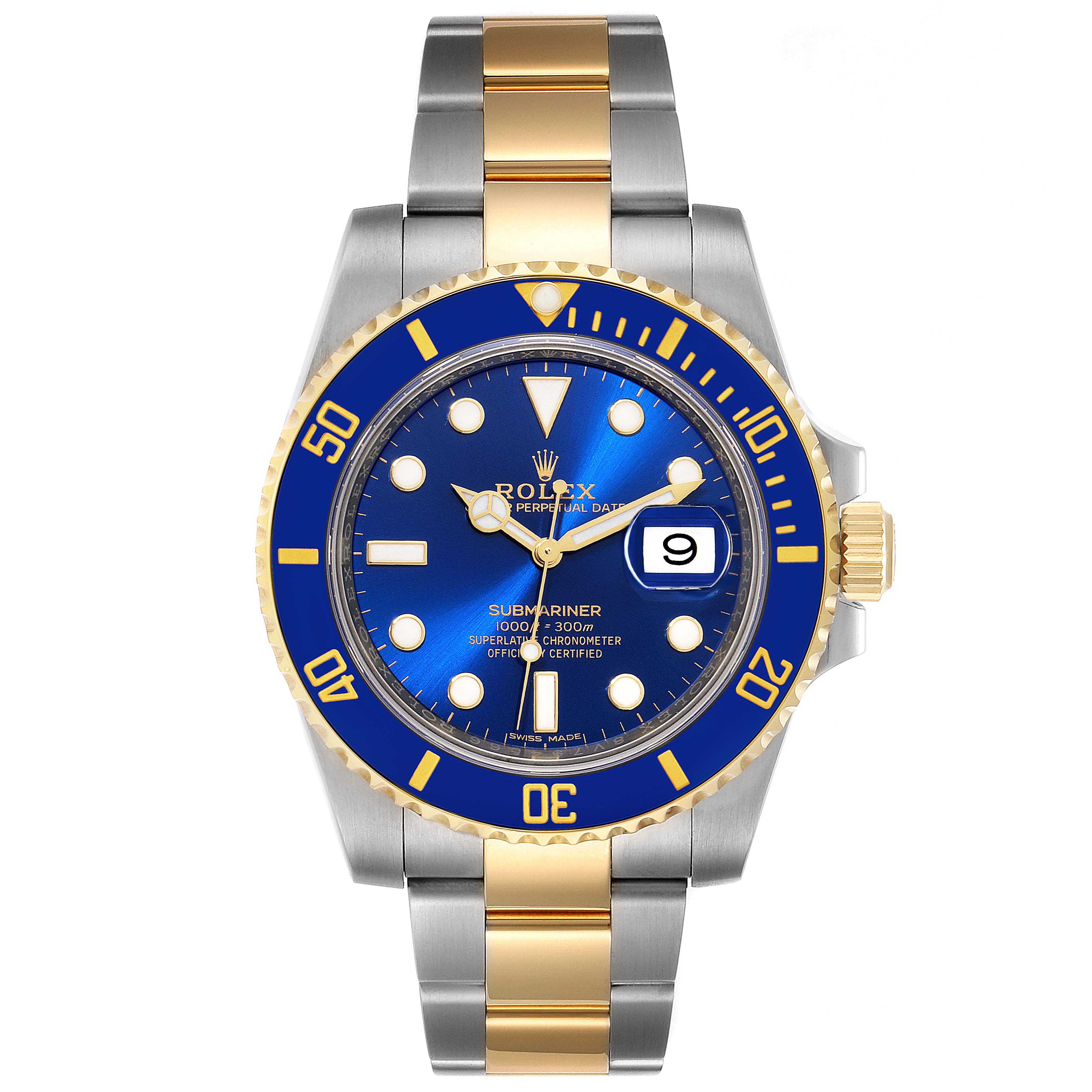The image shows a front view of a Rolex Submariner 116613 Men
s Steel and Gold (two tone) Blue Dial 116613 Men
s Steel and Gold (two tone) Blue Dial watch featuring a blue dial, gold accents, and a two-tone metal bracelet.