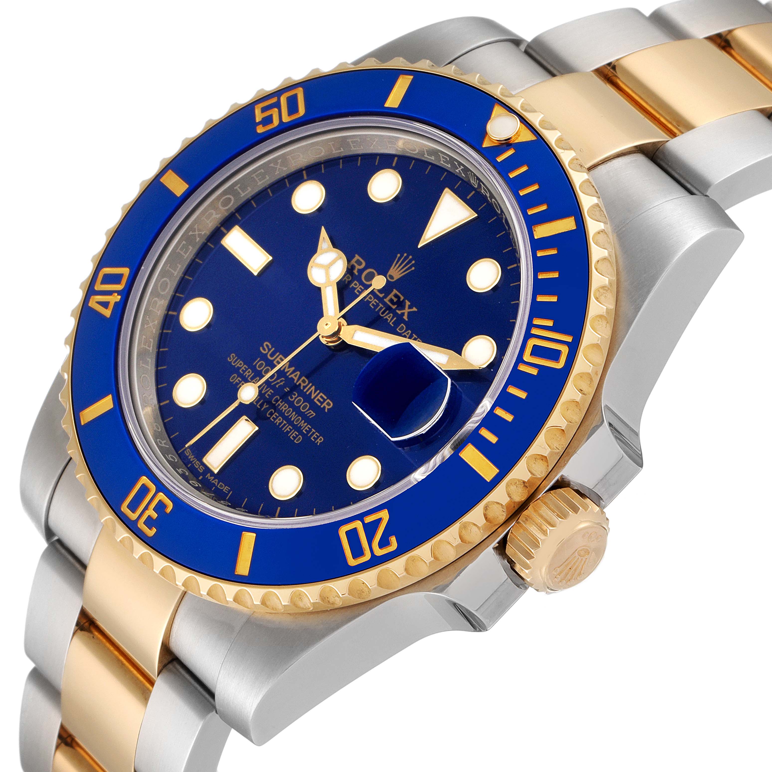 The image shows the top and right side of a Rolex Submariner 116613 Men
s Steel and Gold (two tone) Blue Dial 116613 Men
s Steel and Gold (two tone) Blue Dial watch, highlighting the bezel, crown, dial, and bracelet.