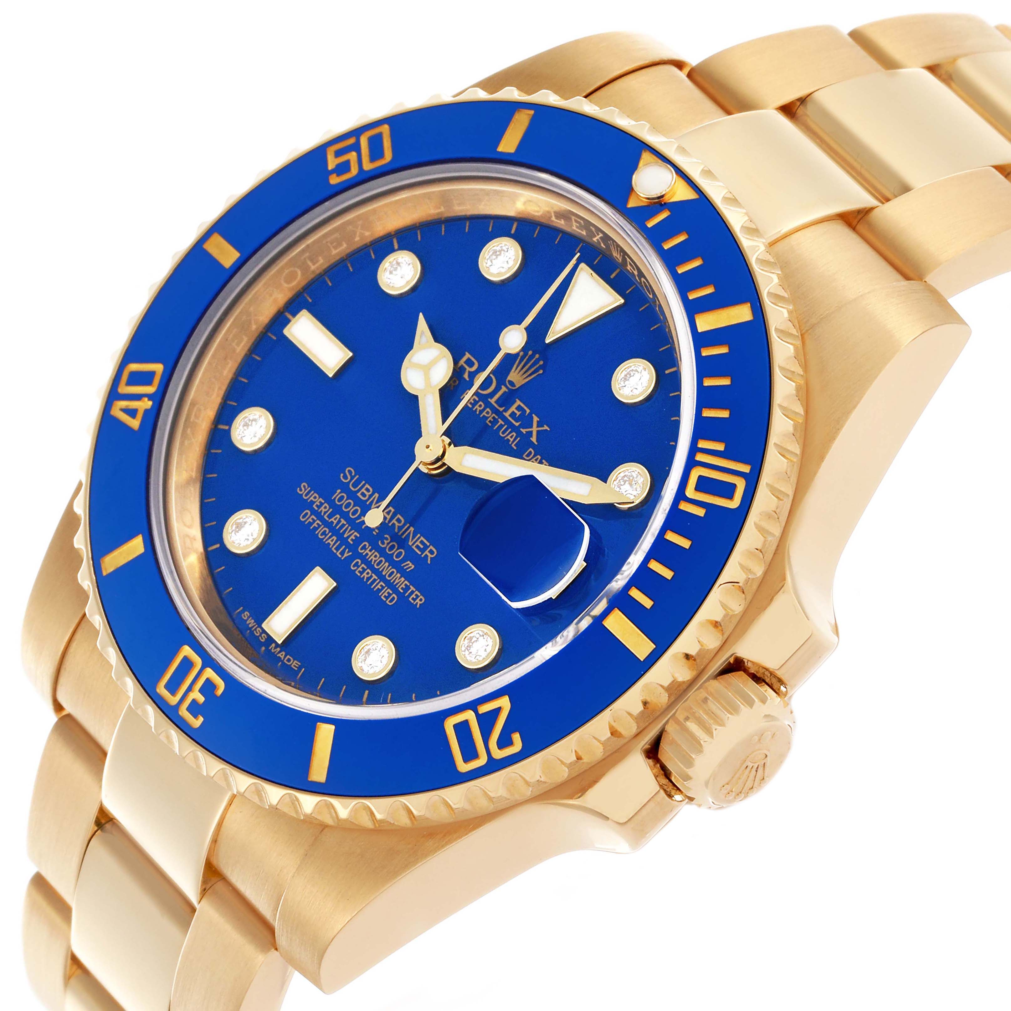 The Rolex Submariner 116618LB Men's Yellow Gold Blue Dial 116618LB Men's Yellow Gold Blue Dial is shown at a slight angle, highlighting the blue bezel, gold case, and bracelet.