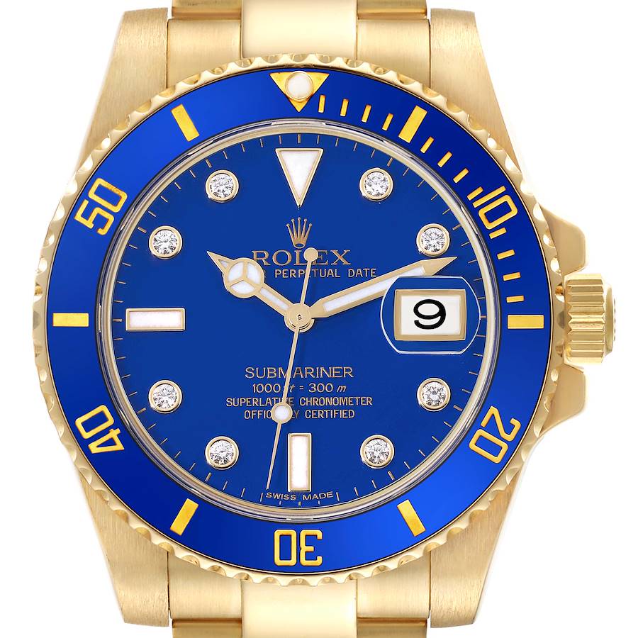 The Rolex Submariner watch is shown from the front, highlighting the blue dial, bezel, and golden bracelet.