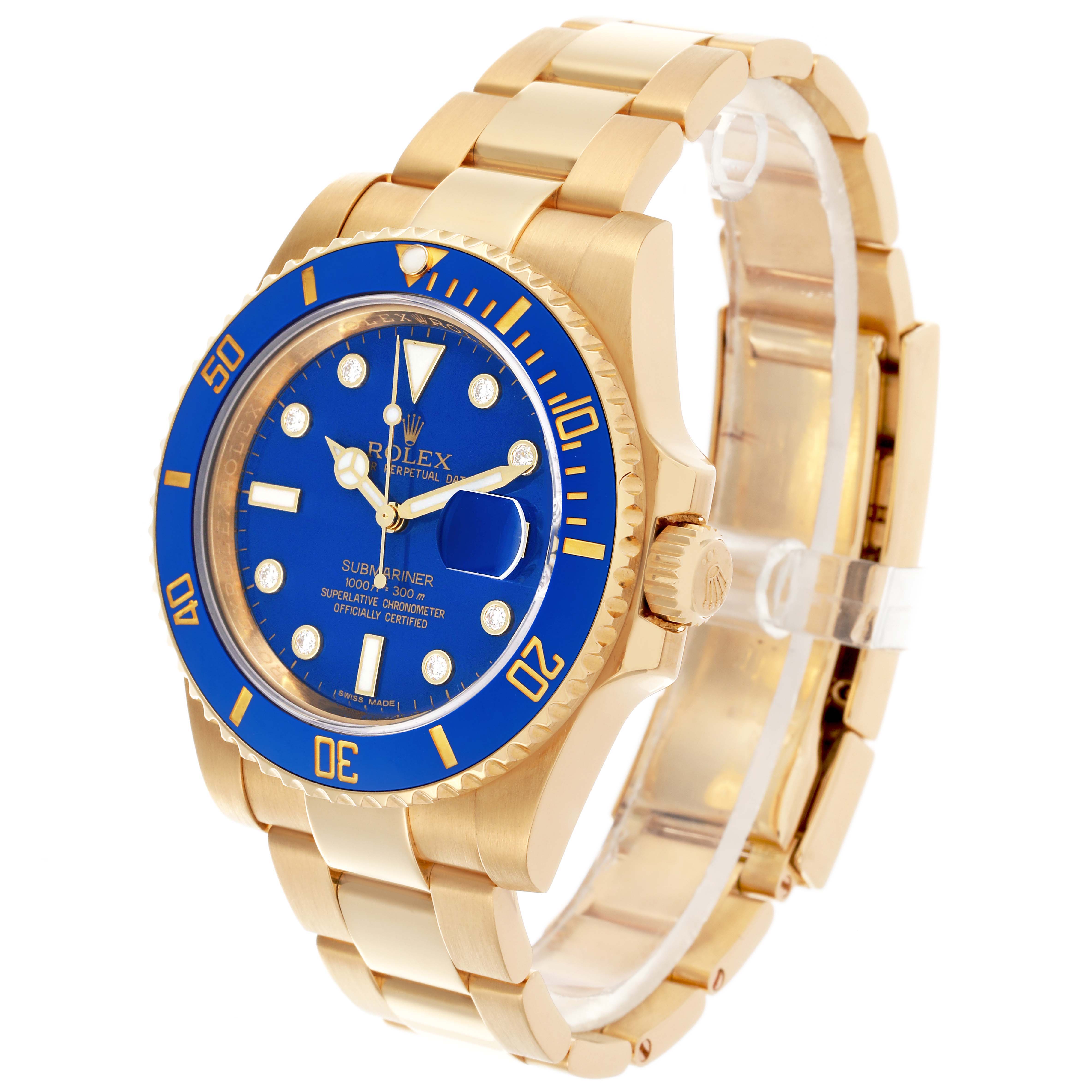 The Rolex Submariner 116618LB Men's Yellow Gold Blue Dial 116618LB Men's Yellow Gold Blue Dial watch is shown at an angled side view, highlighting the dial, bezel, and part of the bracelet.
