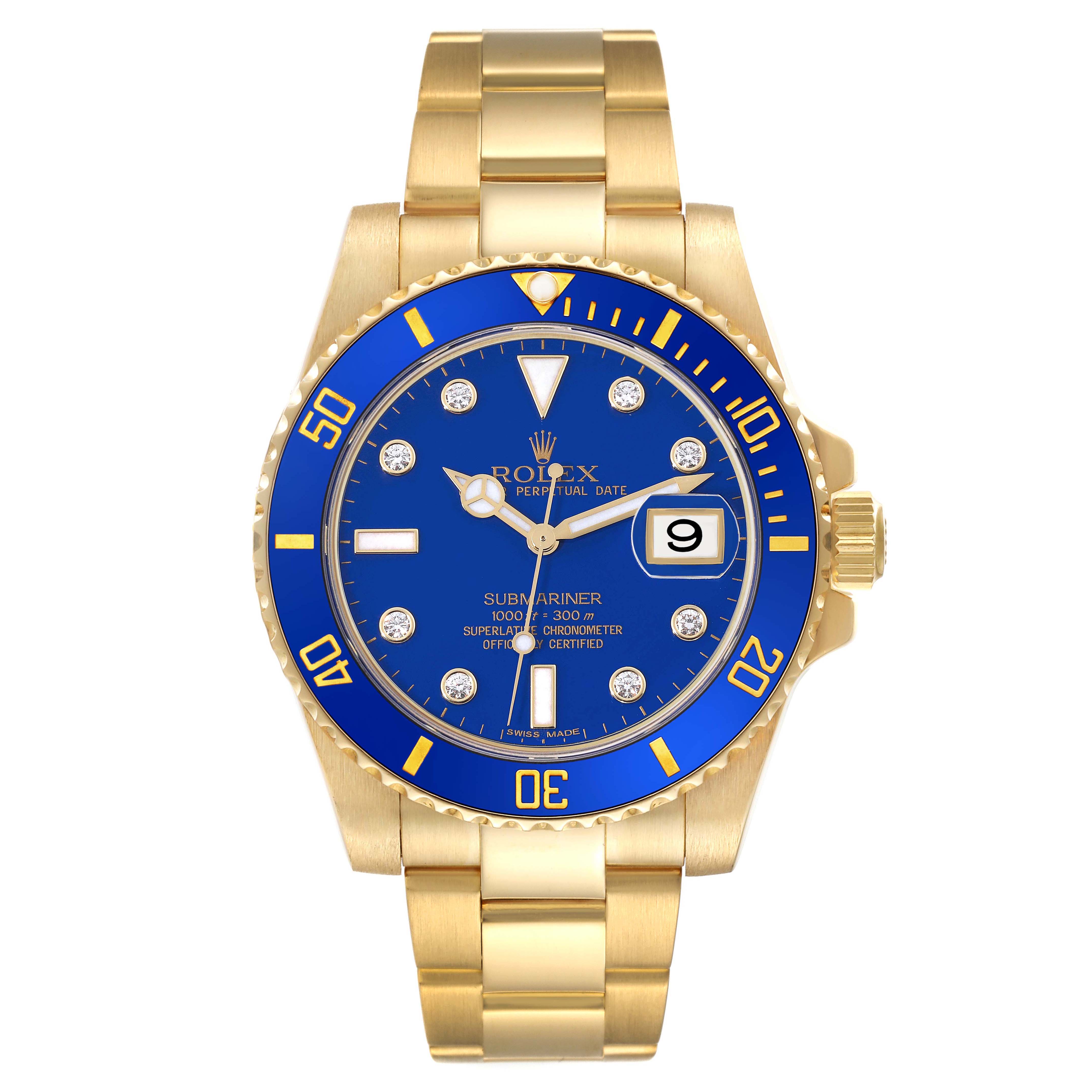 The image shows a front view of a Rolex Submariner 116618LB Men's Yellow Gold Blue Dial 116618LB Men's Yellow Gold Blue Dial watch with a gold bracelet and blue dial.