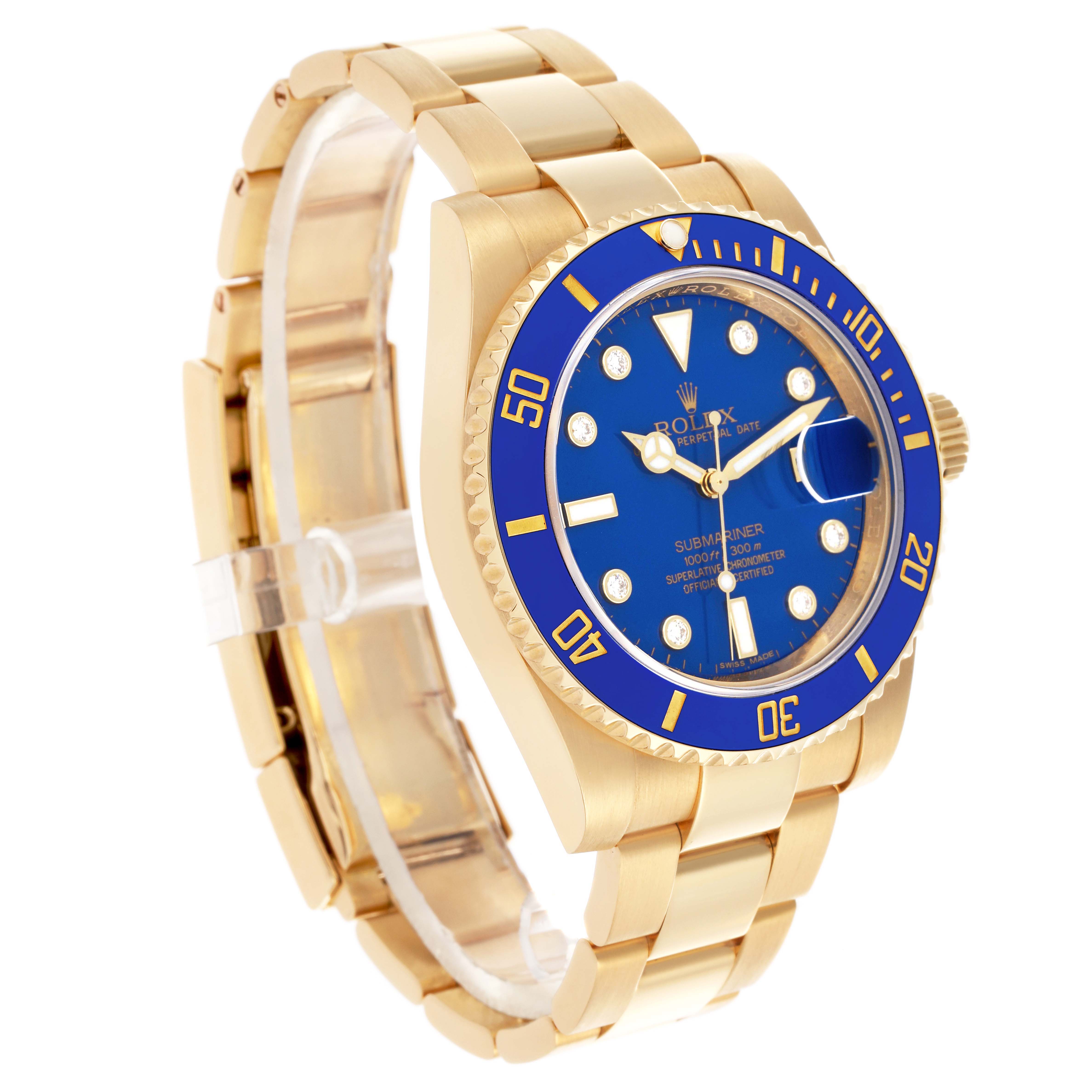The Rolex Submariner 116618LB Men's Yellow Gold Blue Dial 116618LB Men's Yellow Gold Blue Dial watch is shown at a three-quarter angle, highlighting its blue bezel, blue dial, and gold bracelet.