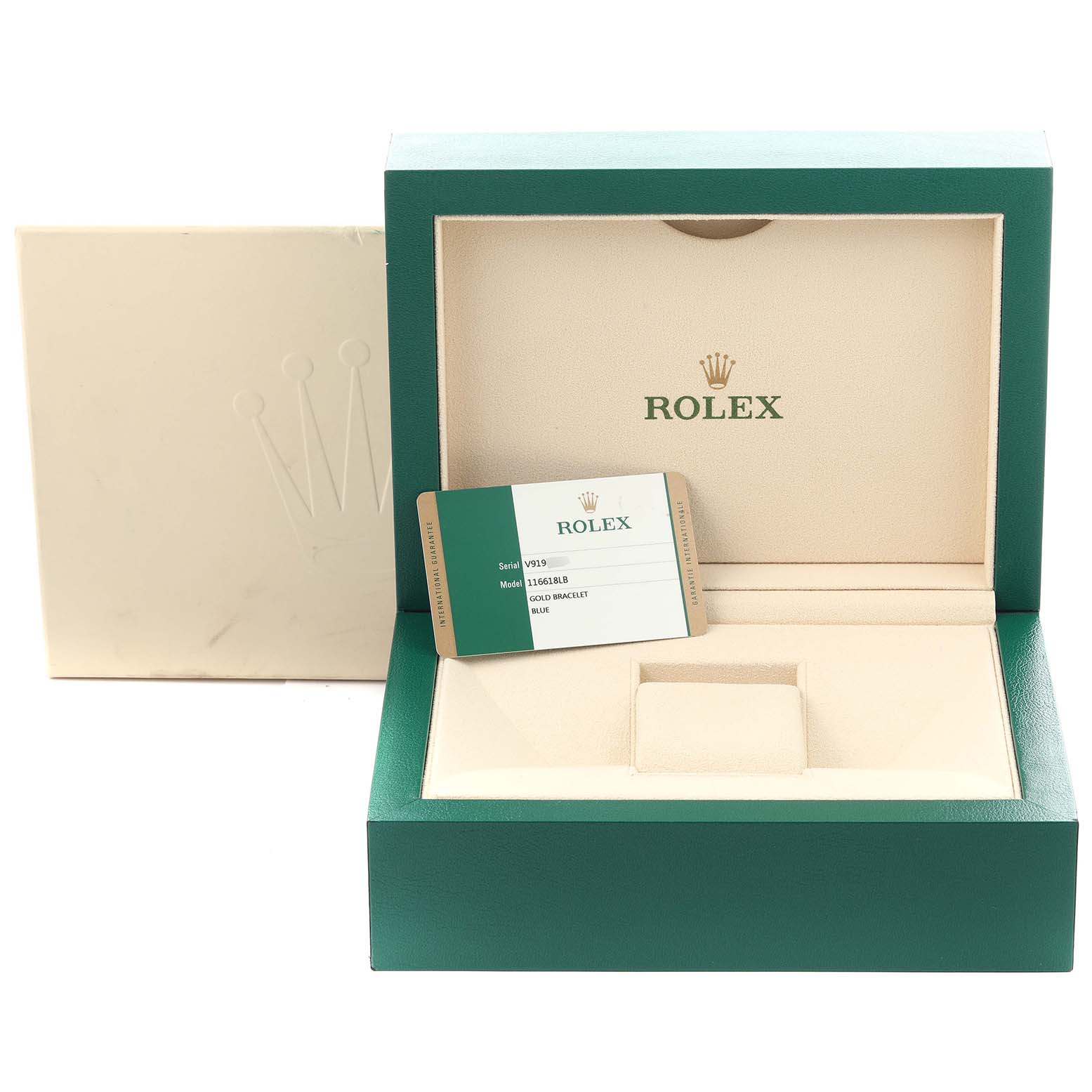 The image shows a Rolex Submariner 116618LB Men's Yellow Gold Blue Dial 116618LB Men's Yellow Gold Blue Dial watch box and a warranty card displayed from a front angle.