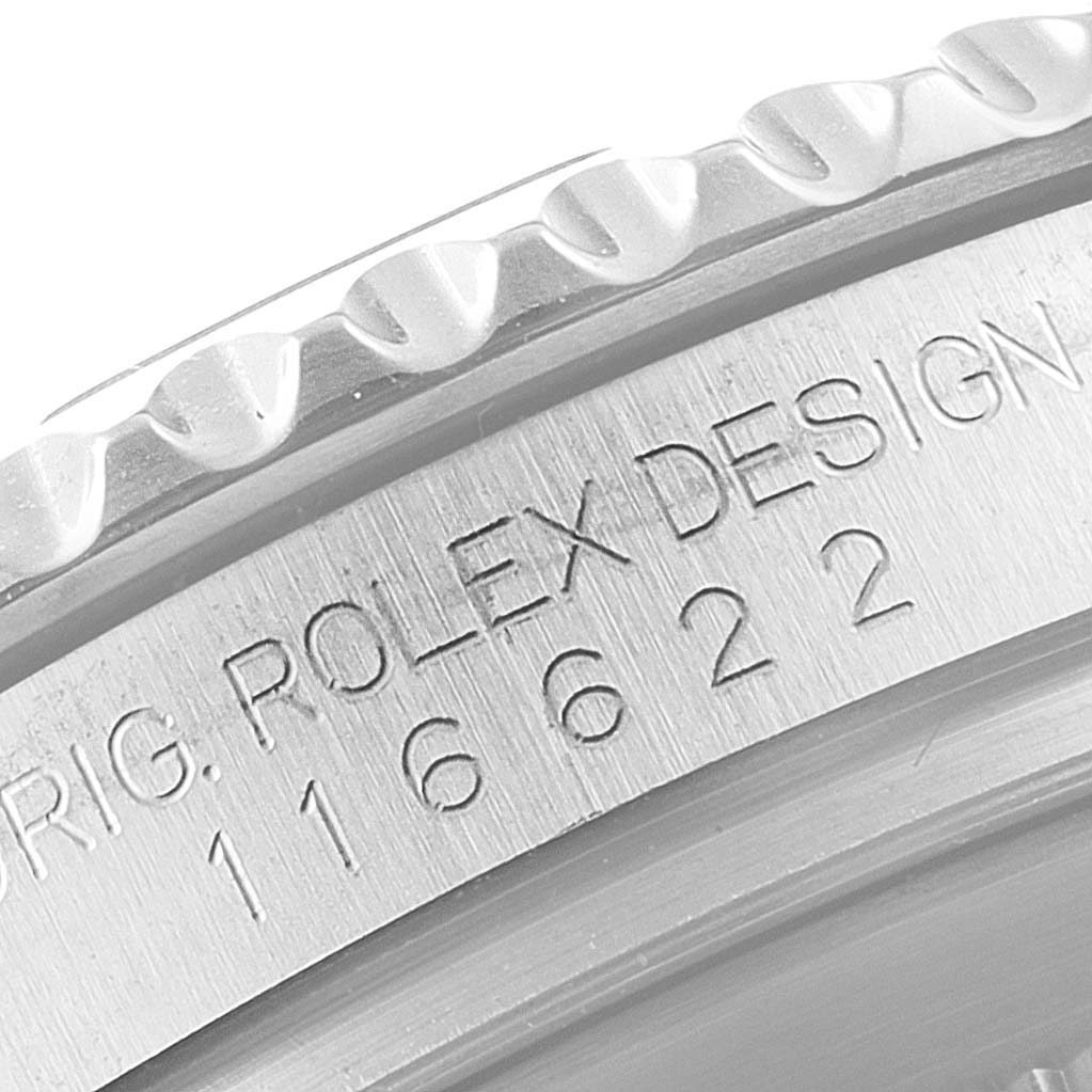 The image shows a close-up of the bezel and serial number engraving on a Rolex Yacht-Master 116622 Men's Stainless Steel Blue Dial 116622 Men's Stainless Steel Blue Dial watch.