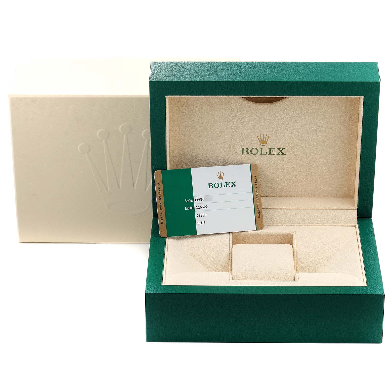The image shows the packaging and authentication card for a Rolex Yacht-Master 116622 Men's Stainless Steel Blue Dial 116622 Men's Stainless Steel Blue Dial watch, including an open box and a warranty card.