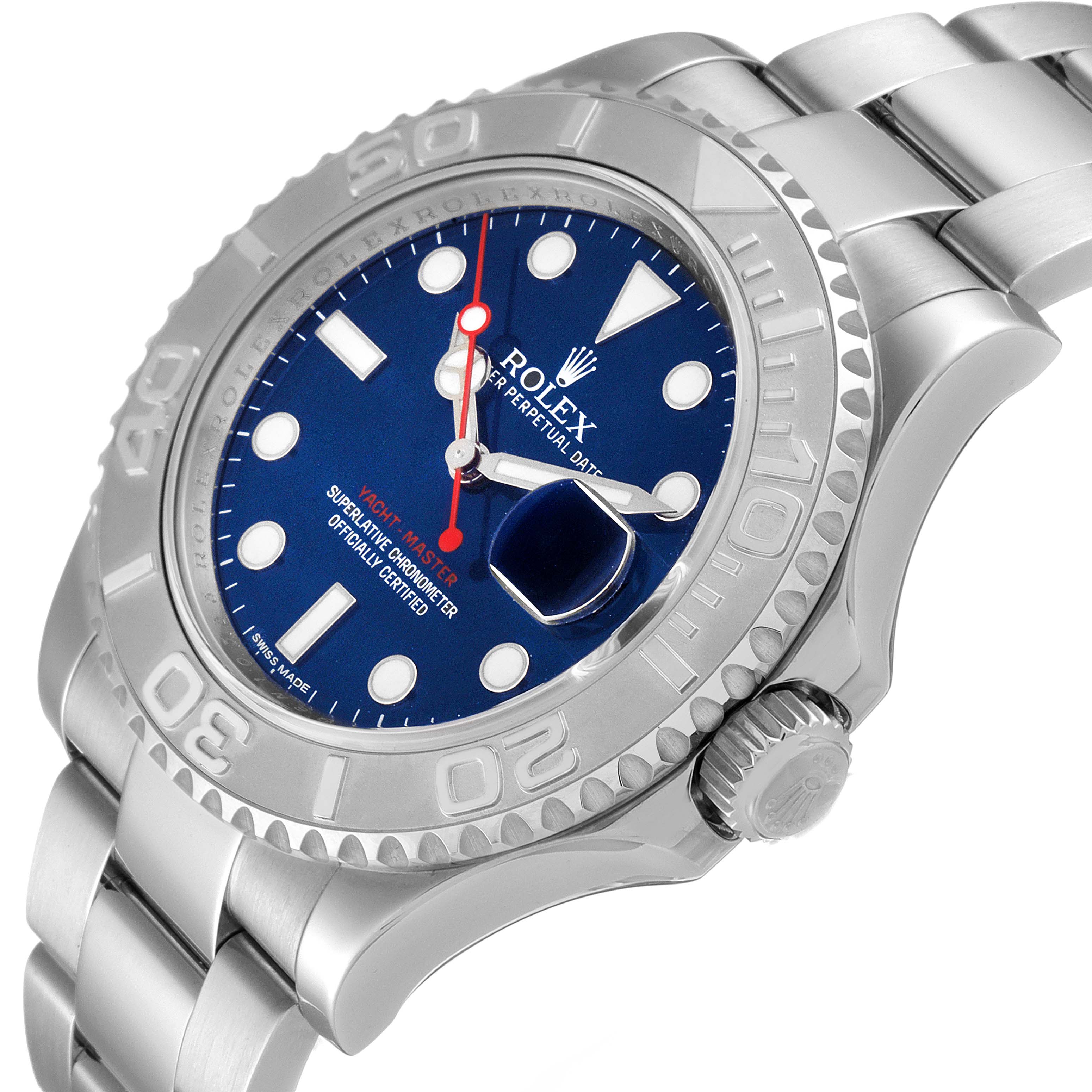 This is an angled view showing the face, bezel, crown, and bracelet of the Rolex Yacht-Master 116622 Men's Stainless Steel Blue Dial 116622 Men's Stainless Steel Blue Dial watch.