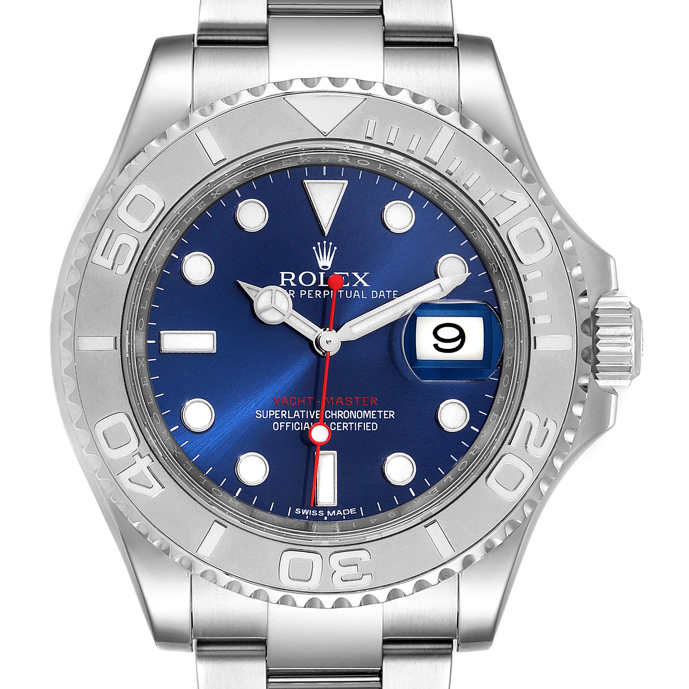 This close-up image shows the face and bezel of a Rolex Yacht-Master 116622 Men's Stainless Steel Blue Dial 116622 Men's Stainless Steel Blue Dial watch, with a blue dial and date window.