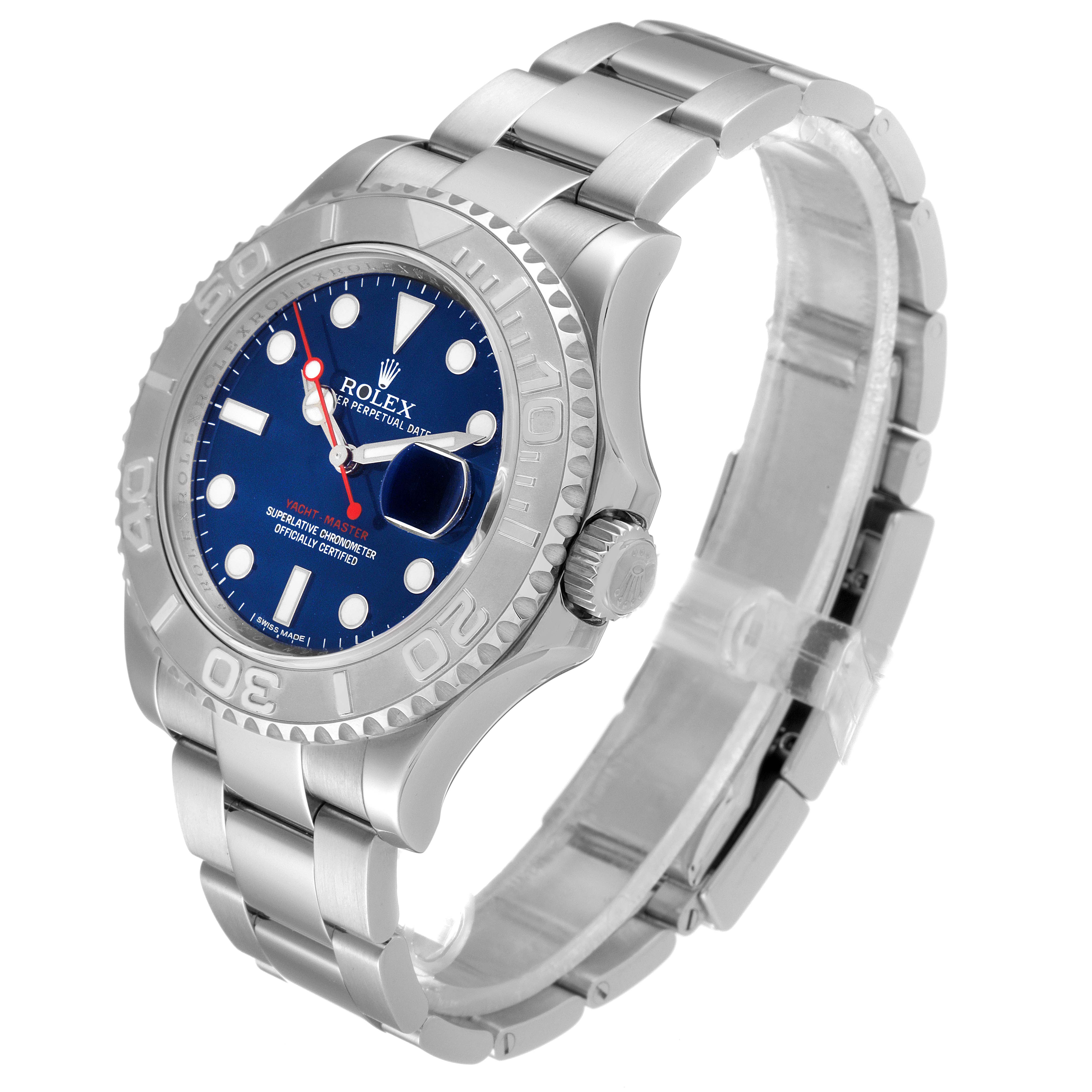 This Rolex Yacht-Master 116622 Men's Stainless Steel Blue Dial 116622 Men's Stainless Steel Blue Dial watch is shown at a three-quarter angle, displaying its face, bezel, crown, and bracelet.