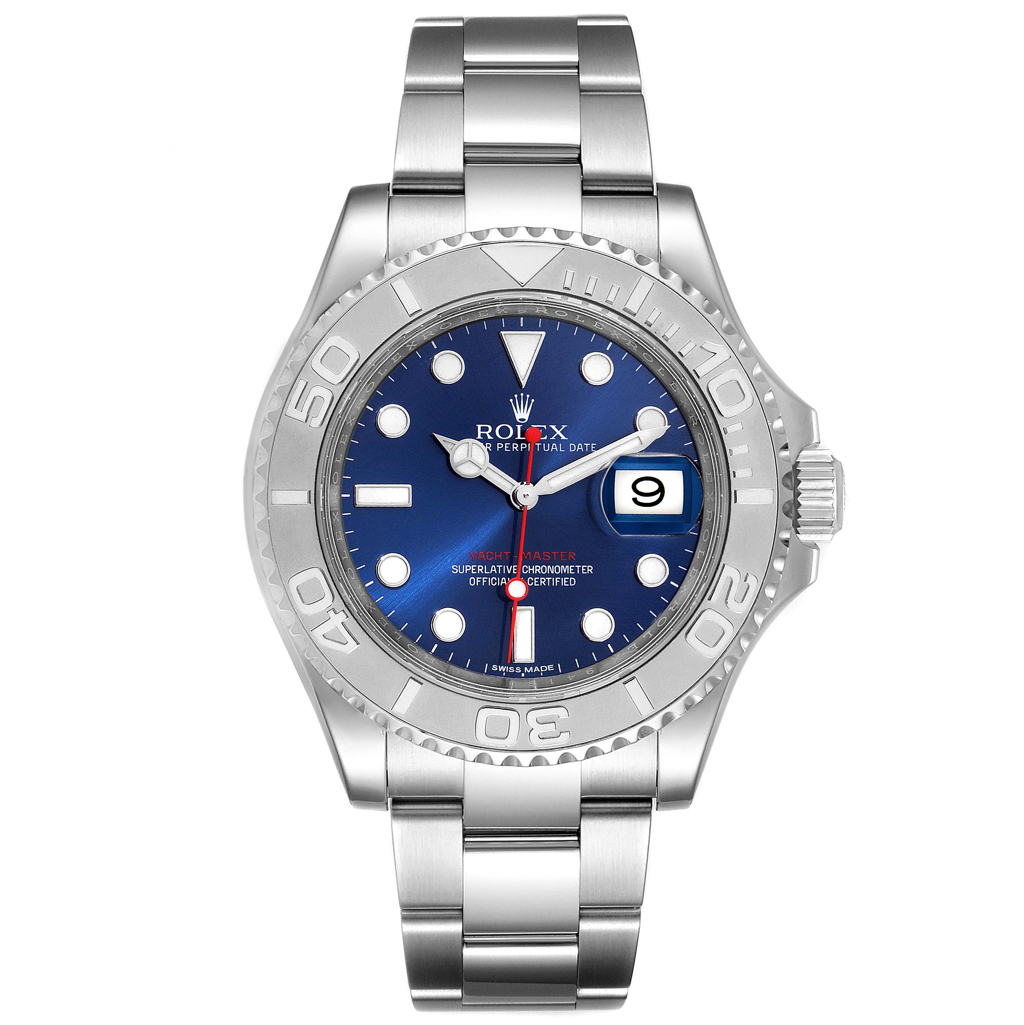 The image shows a front view of a Rolex Yacht-Master 116622 Men's Stainless Steel Blue Dial 116622 Men's Stainless Steel Blue Dial watch, highlighting the dial, bezel, bracelet, and crown.